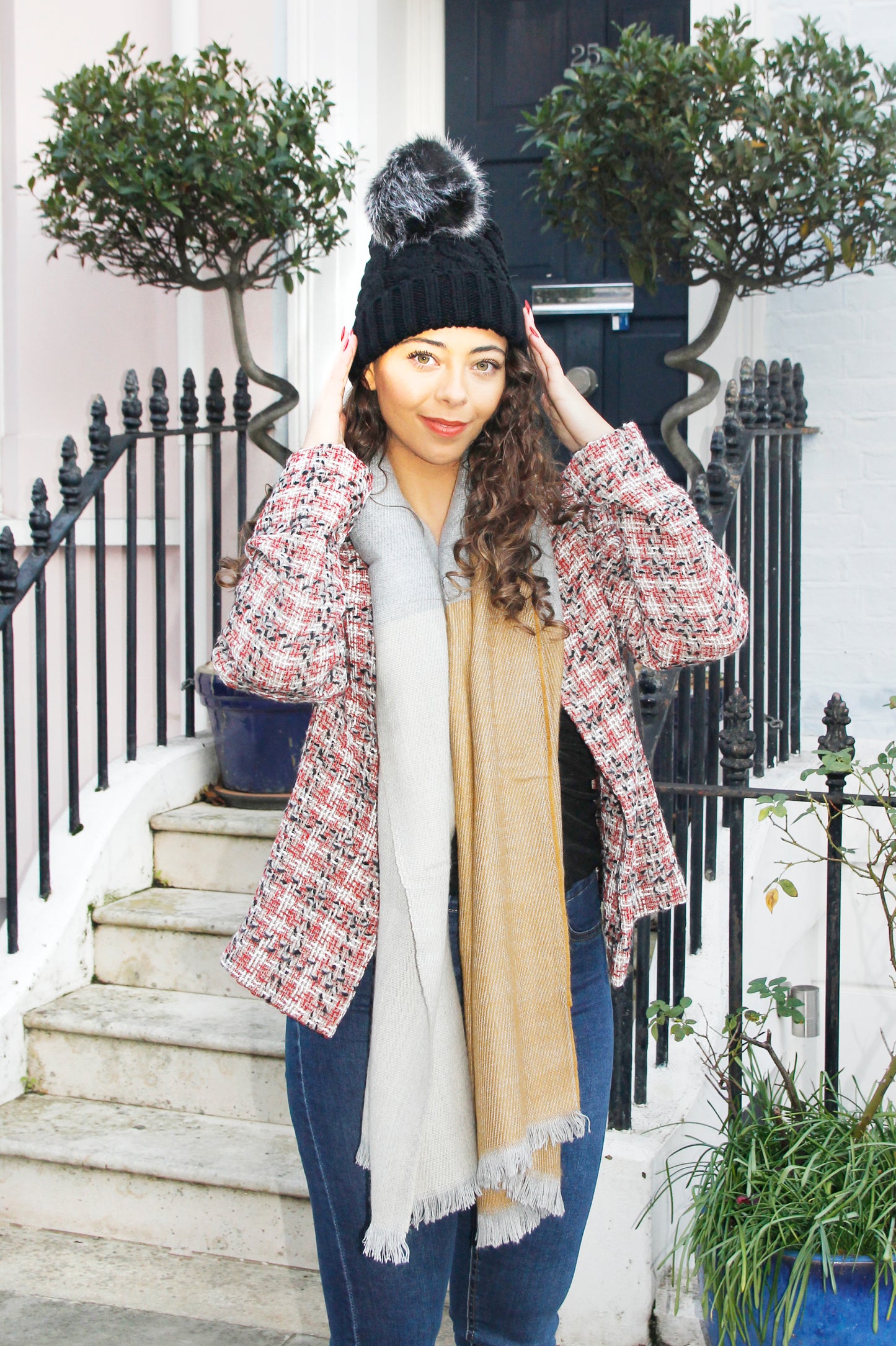 Hayley - Black Cable Knit Winter Women's Cosy Beanie Hat With Pom Pom