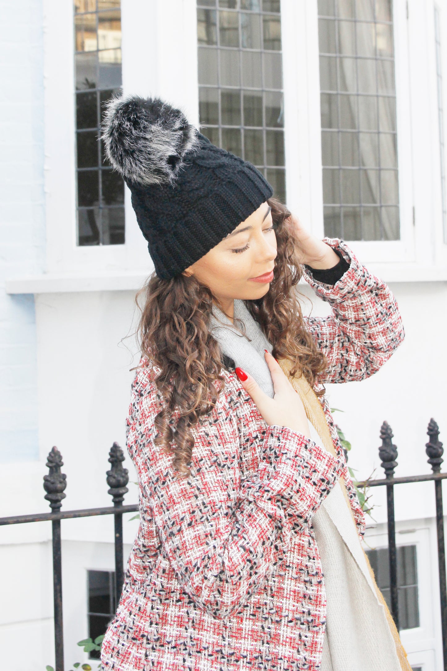 Hayley - Black Cable Knit Winter Women's Cosy Beanie Hat With Pom Pom