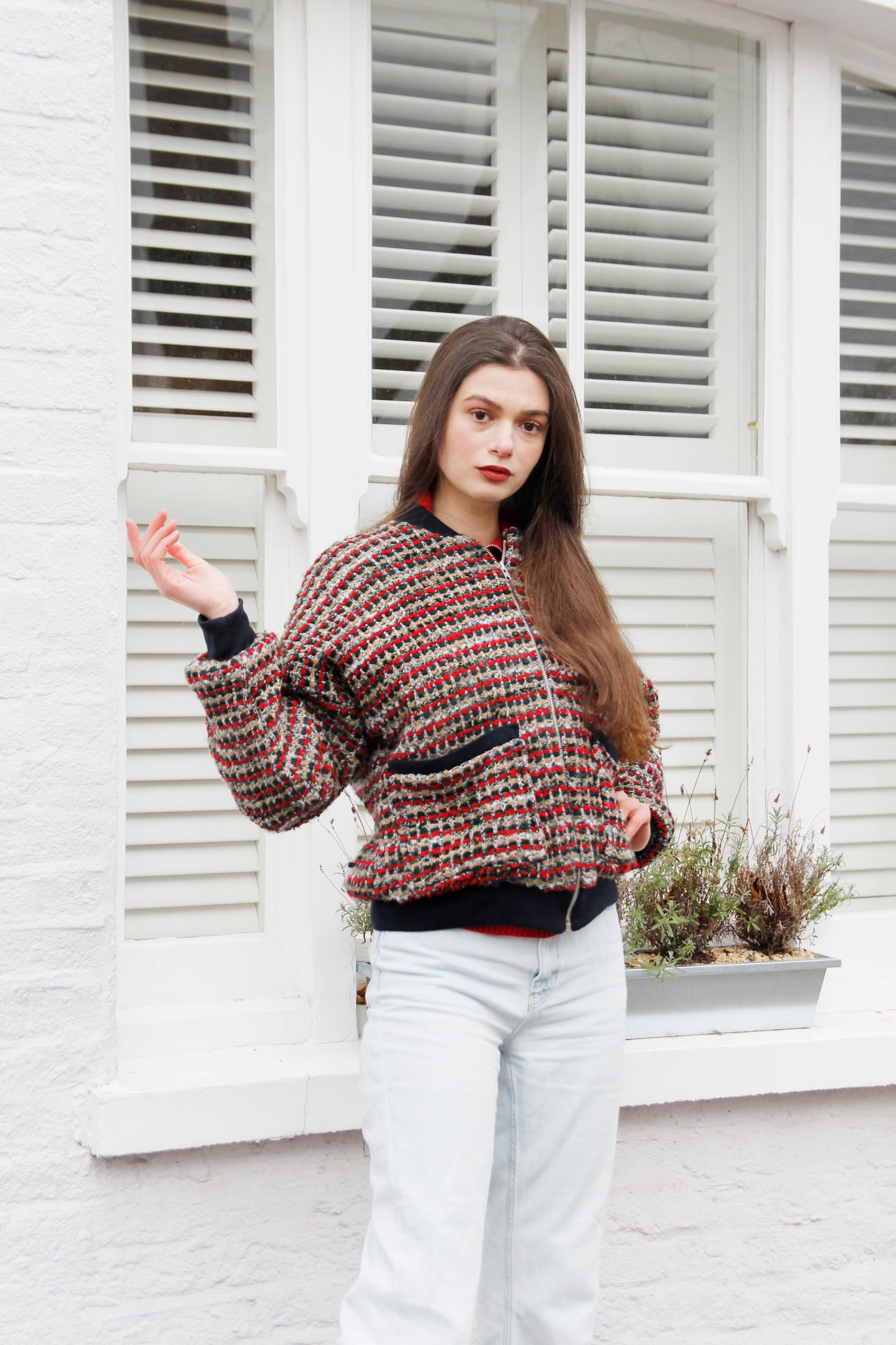 Ivy - Red Multi Colour Wool Bomber Jacket