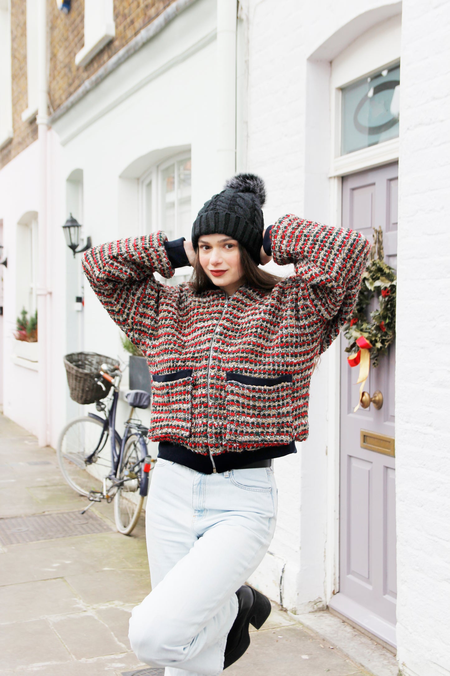 Ivy - Red Multi Colour Wool Bomber Jacket