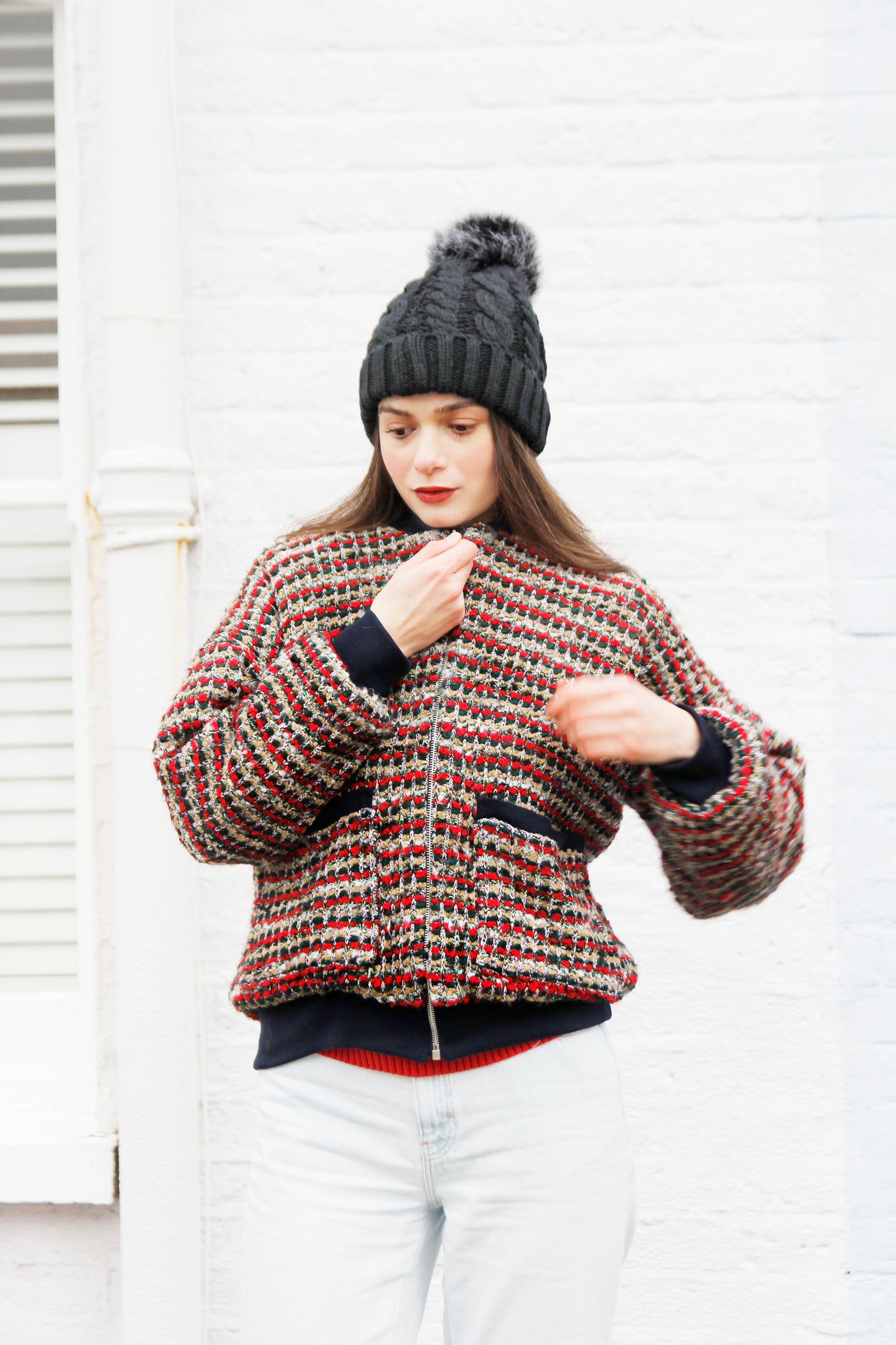 Ivy - Red Multi Colour Wool Bomber Jacket