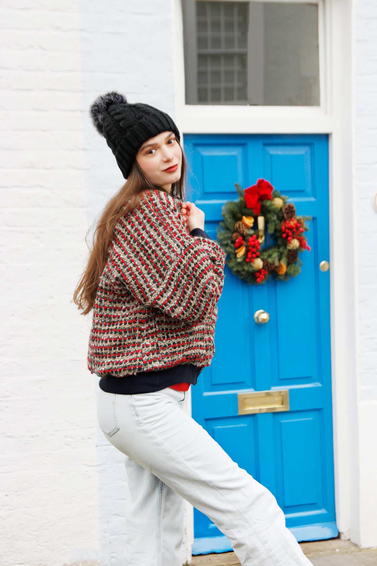 Ivy - Red Multi Colour Wool Bomber Jacket