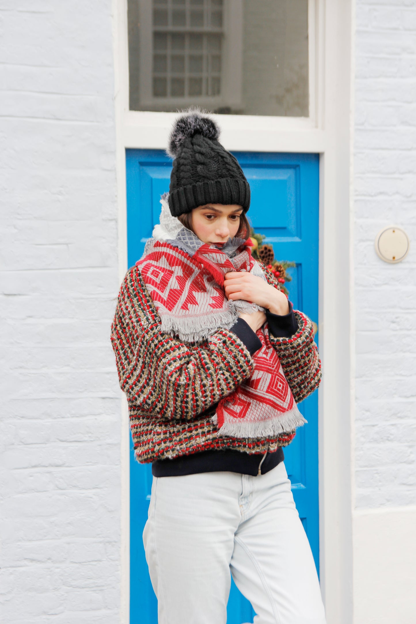 Ivy - Red Multi Colour Wool Bomber Jacket