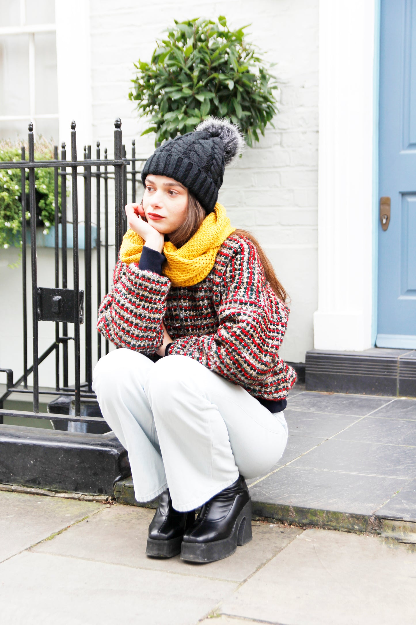 Ivy - Red Multi Colour Wool Bomber Jacket