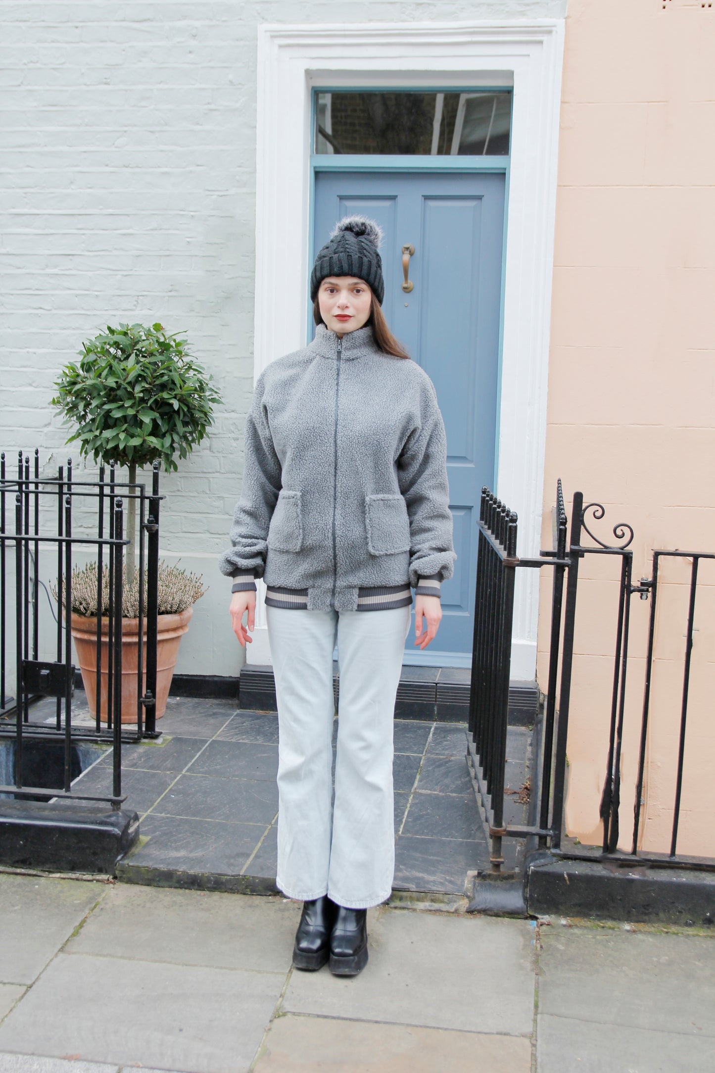 Sara - Grey Fleece Bomber Jacket