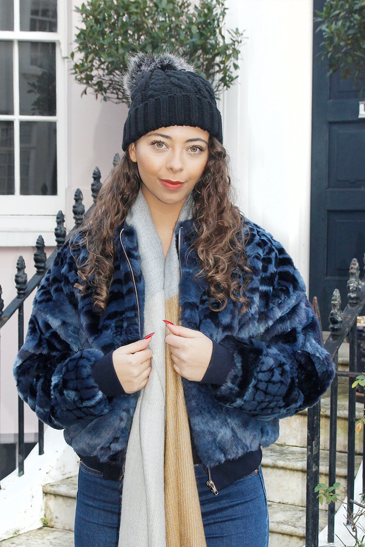 Jemma - Blue Faux Fur Winter Bomber Jacket For Women