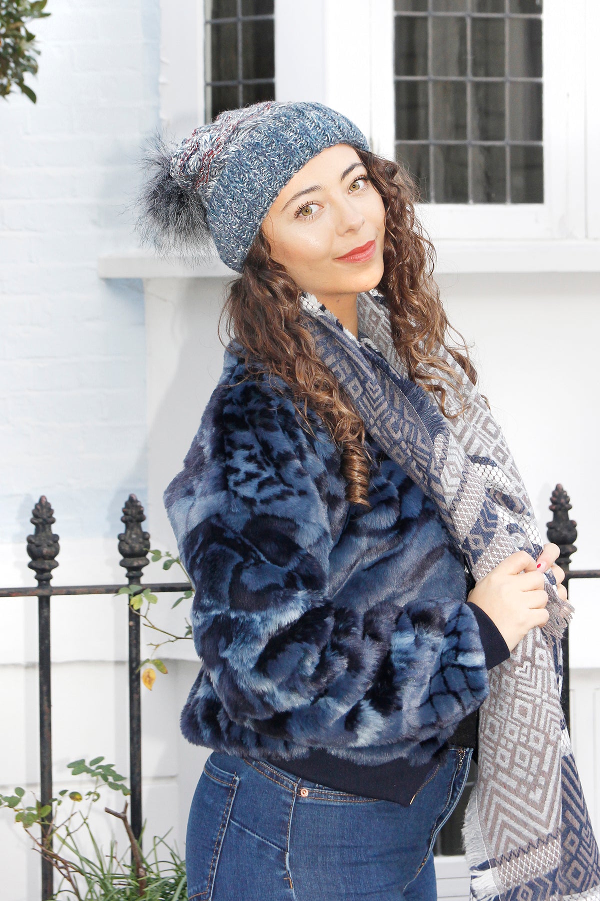 Jemma - Blue Faux Fur Winter Bomber Jacket For Women