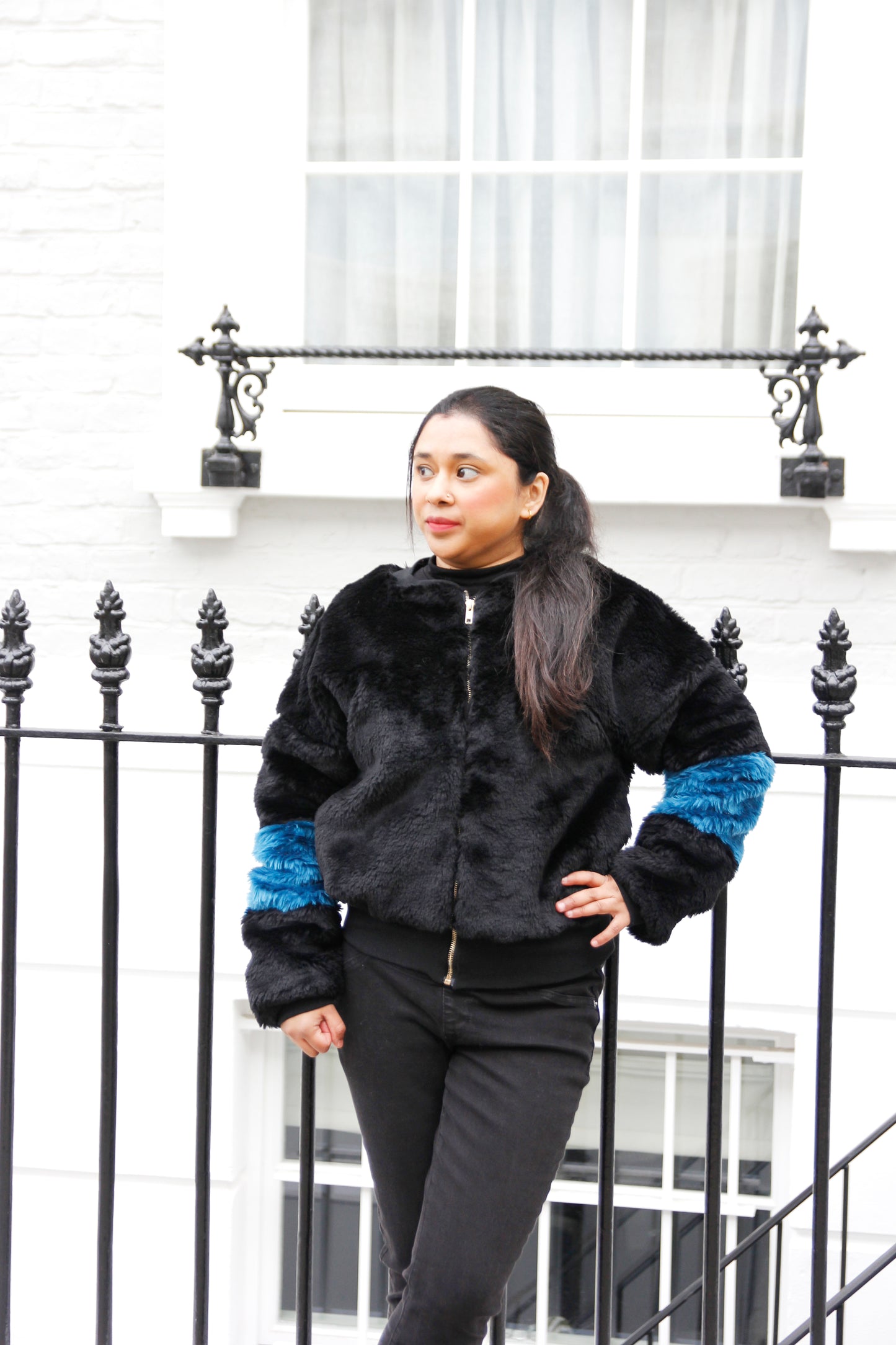 Kiti - Black and Blue Faux Fur Bomber Jacket