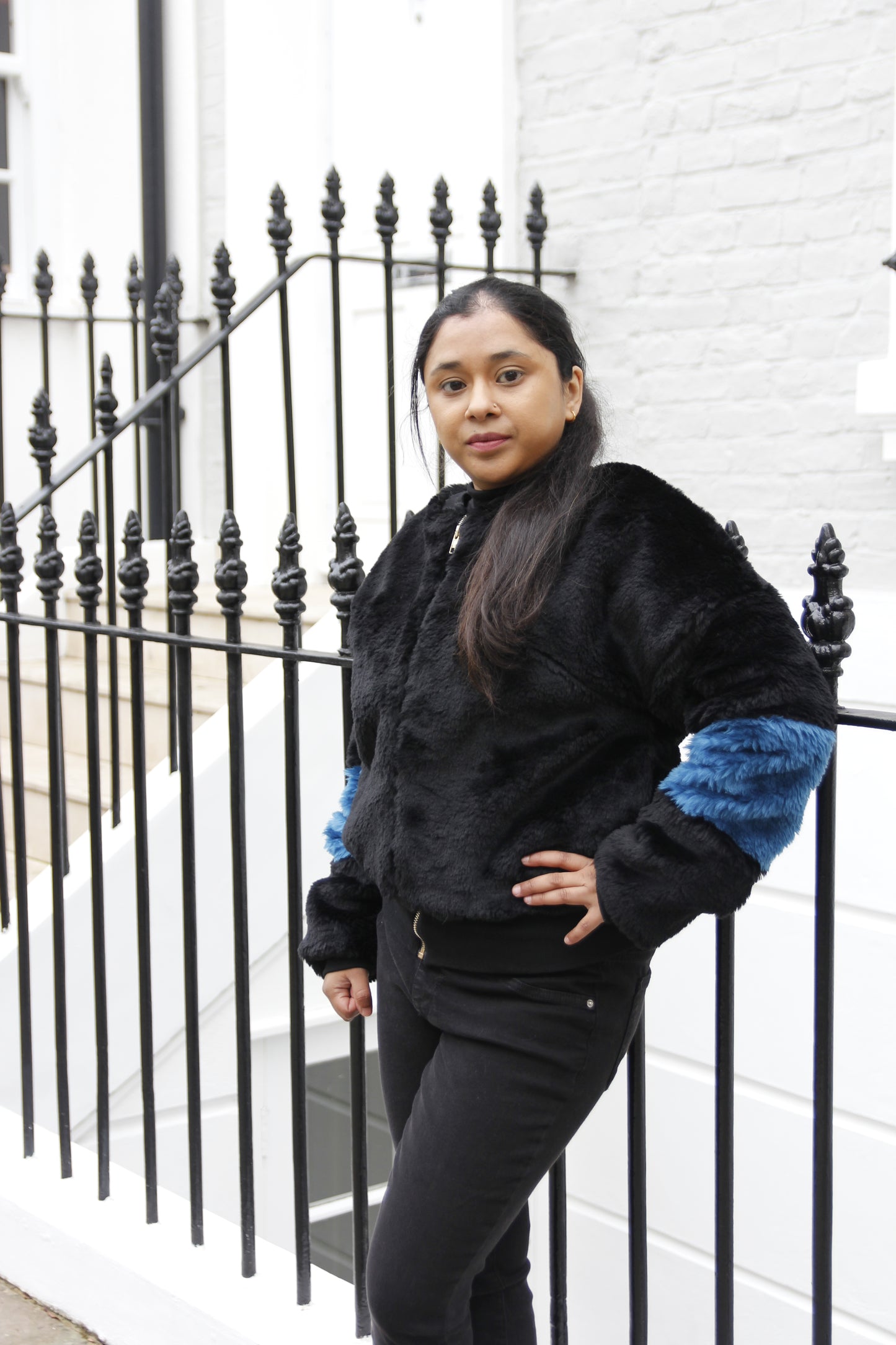 Kiti - Black and Blue Faux Fur Bomber Jacket