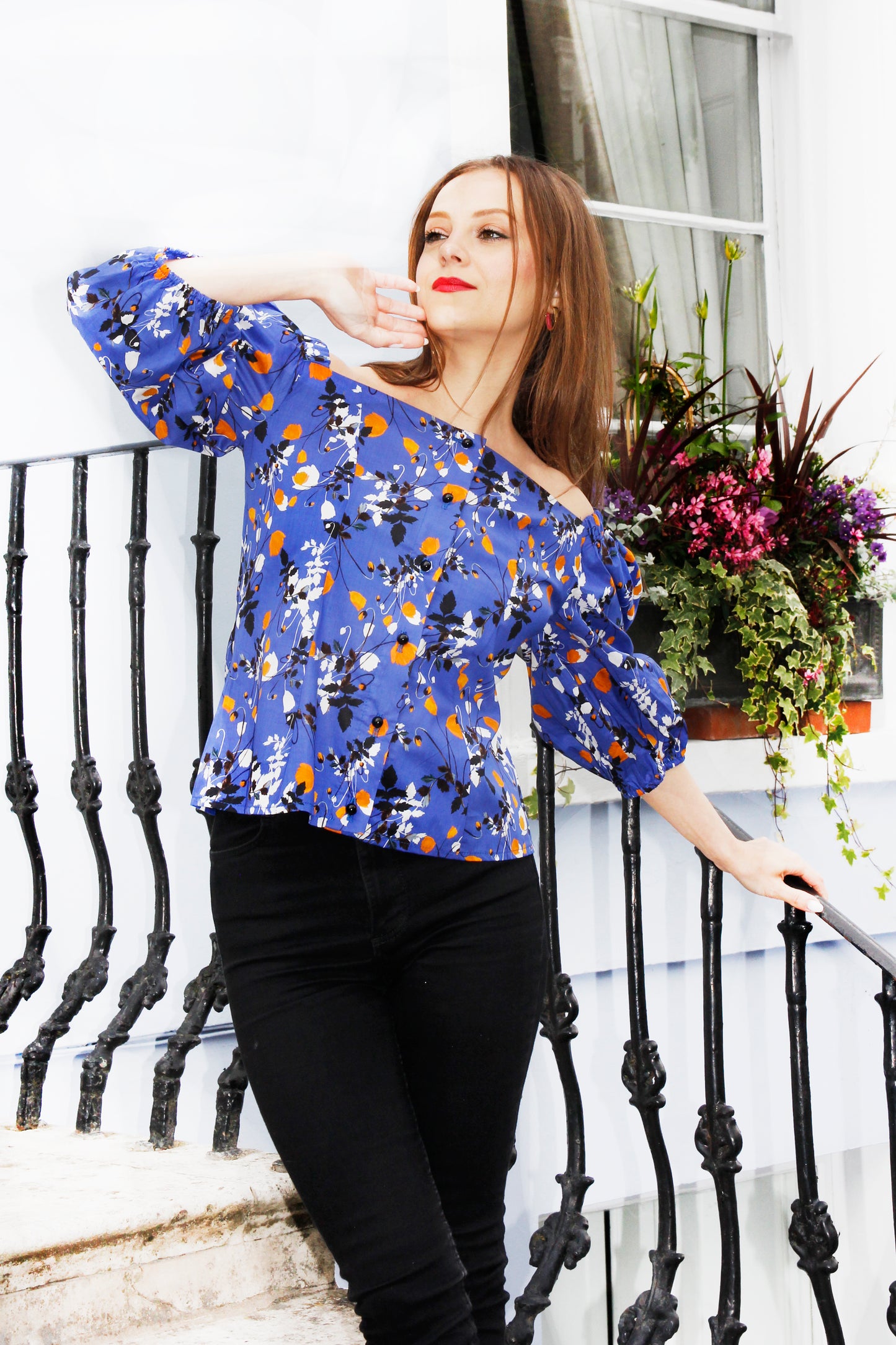Mia - Royal Blue- Flower Print Off Shoulder Blouse with Puff Sleeves