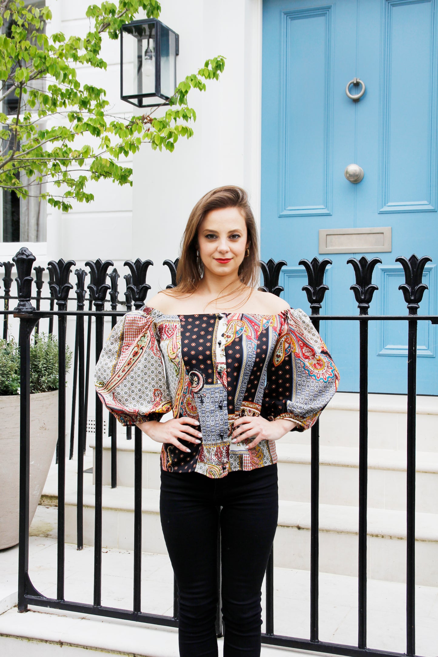 Isabella - Black & Pink Paisley Print Off Shoulder Satin Blouse