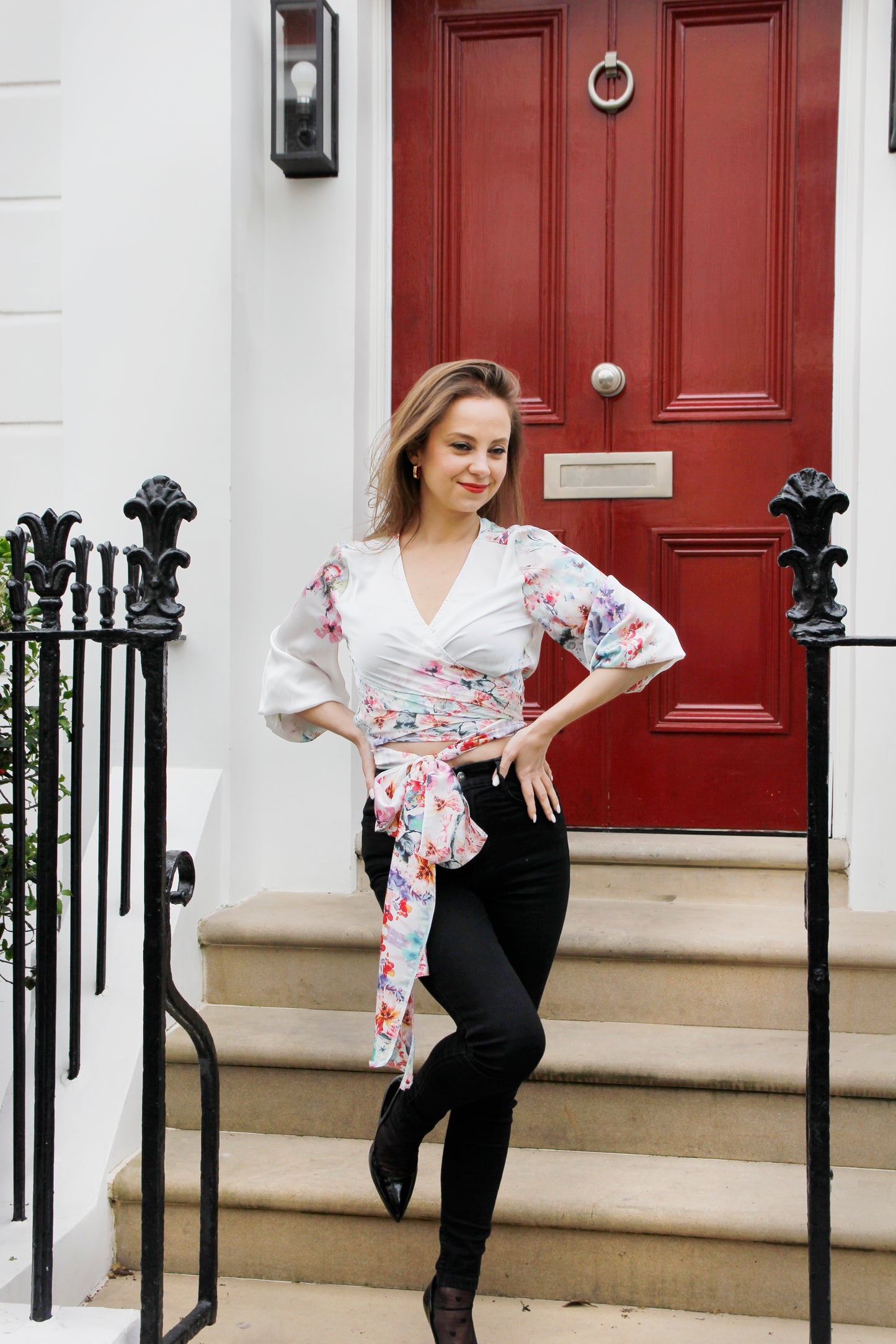 Emma - White satin floral print wrap blouse with three quarter length sleeves