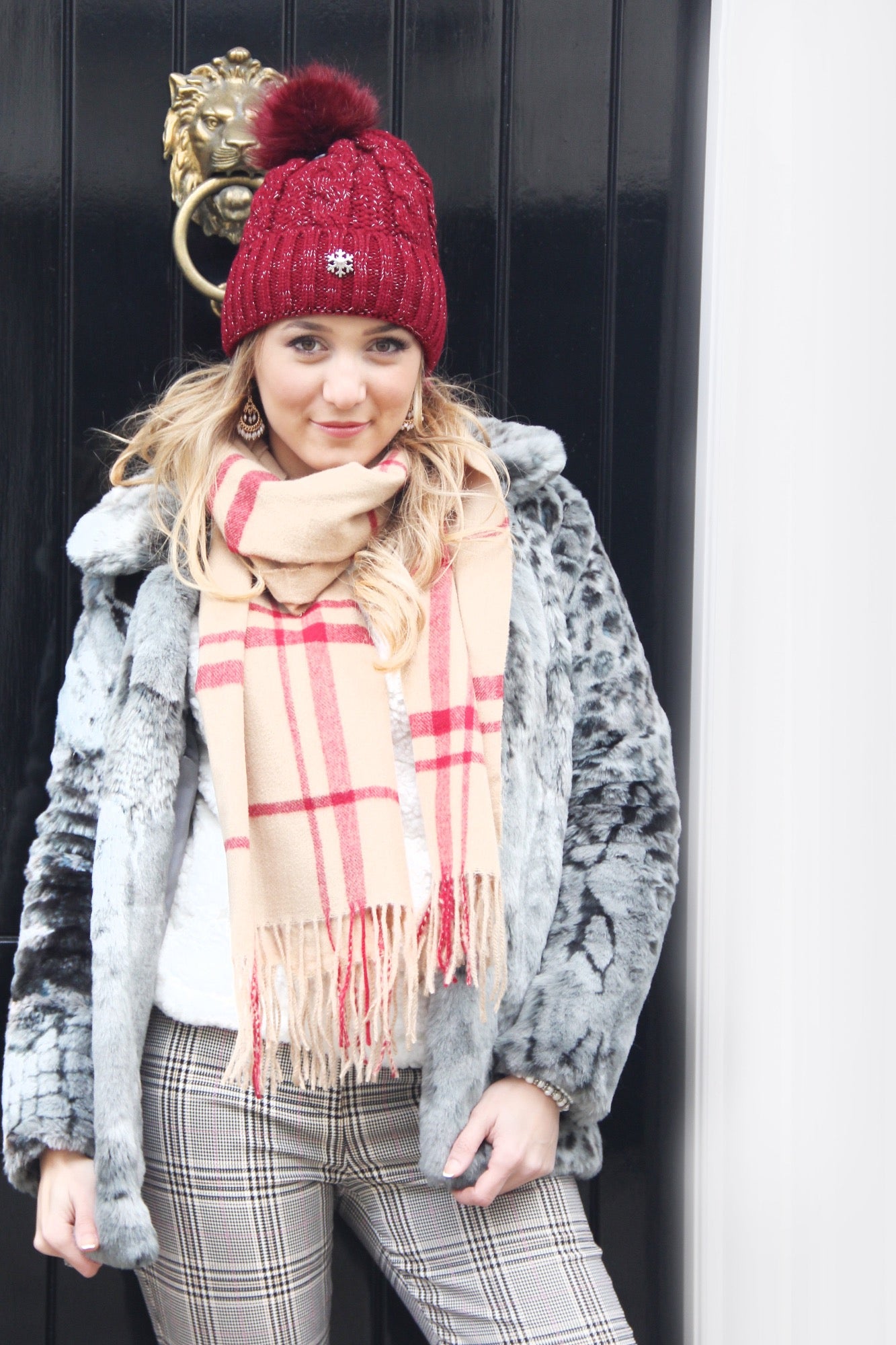 Dark Beige and Red Check Plaid Cashmere Blend Women's Winter Scarf