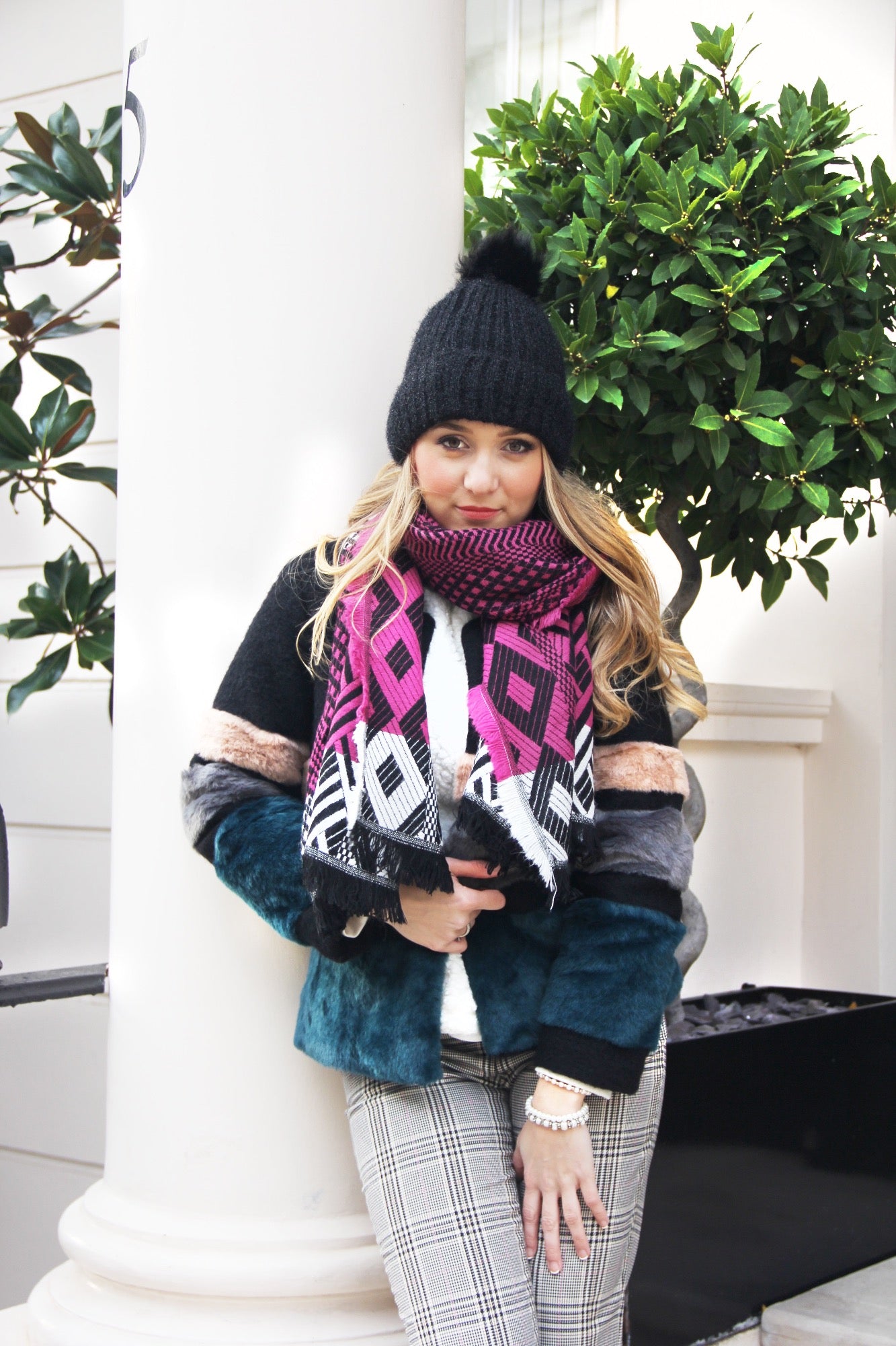 Dark Pink and Black Multi Colour Women's Winter Scarf