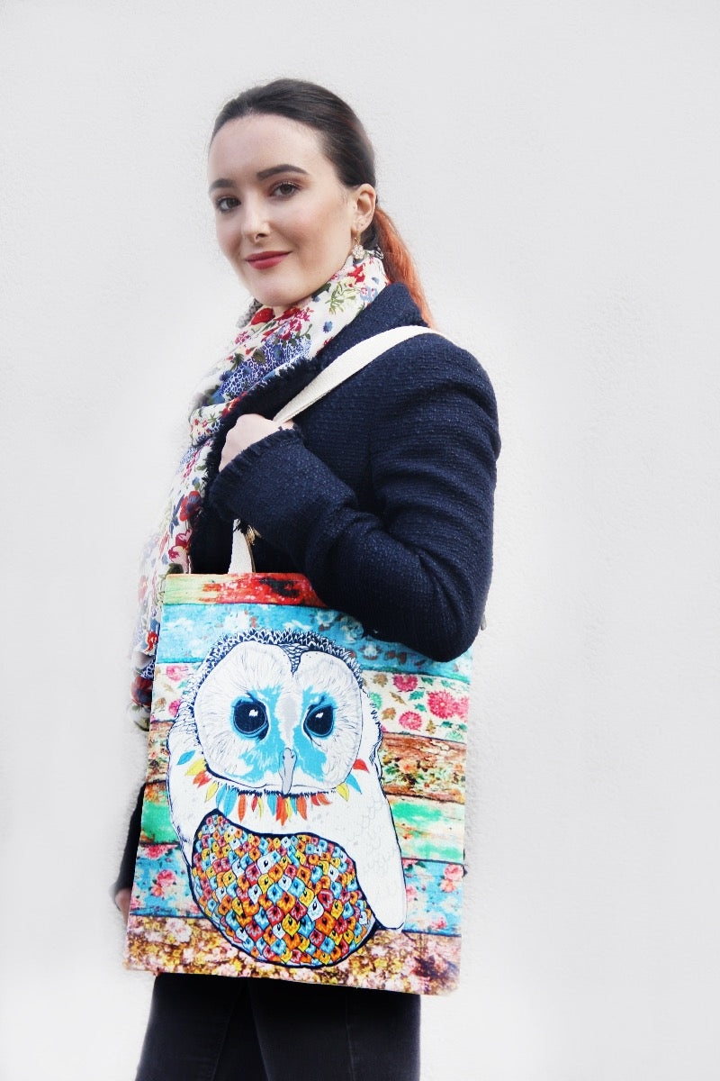 owl print fabric tote bag
