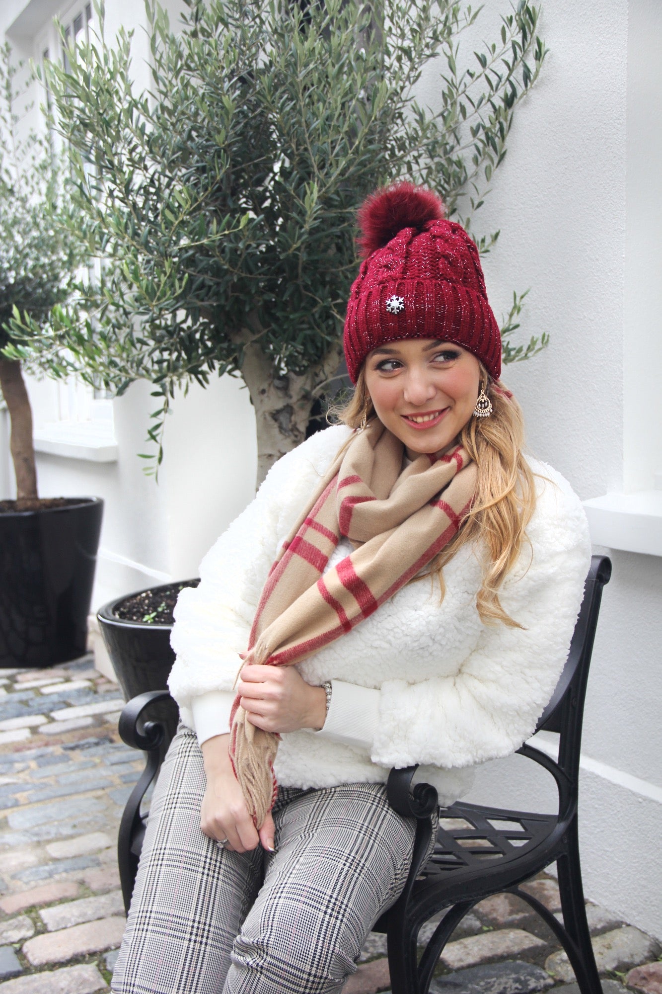 Dark Beige and Red Check Plaid Cashmere Blend Women's Winter Scarf