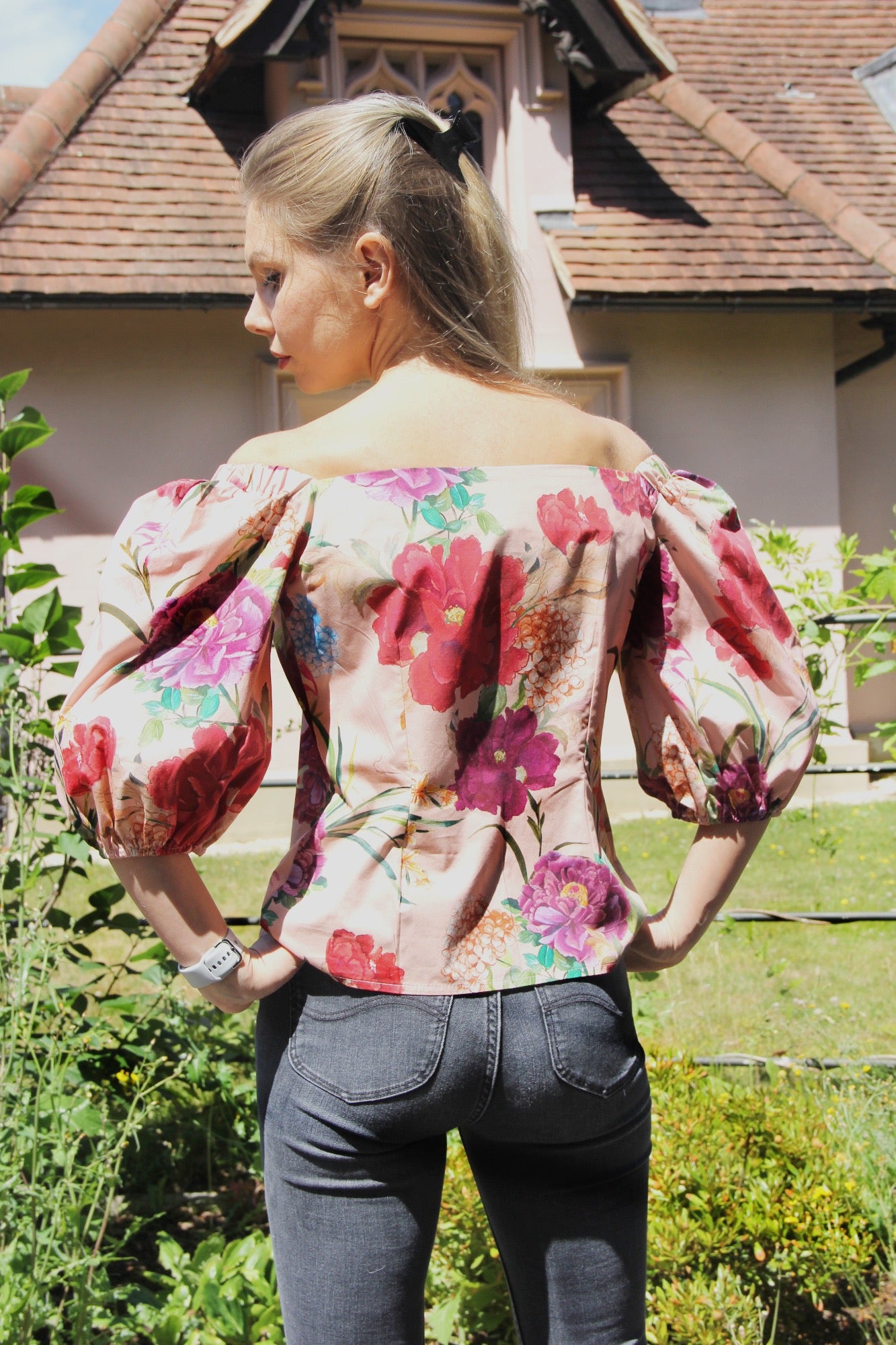 Rosie - Off Shoulder Rose Floral Print Blouse with 34 Sleeves