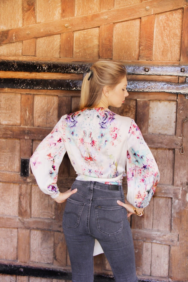 Emma - White satin floral print wrap blouse with three quarter length sleeves