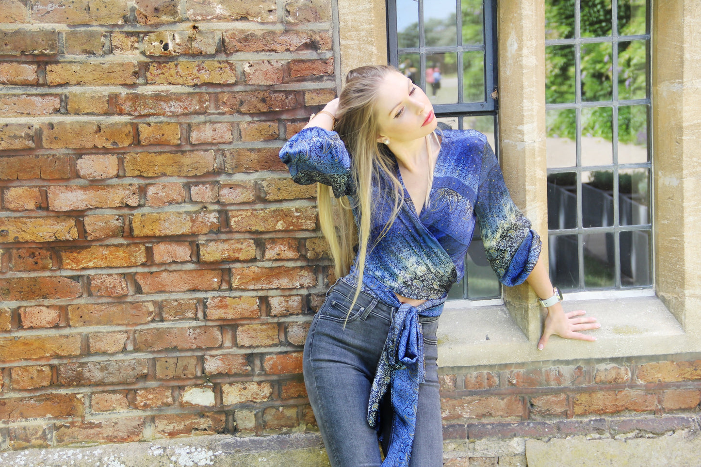 Ella - Blue Goldy Print Satin Blouse with 34 Sleeves