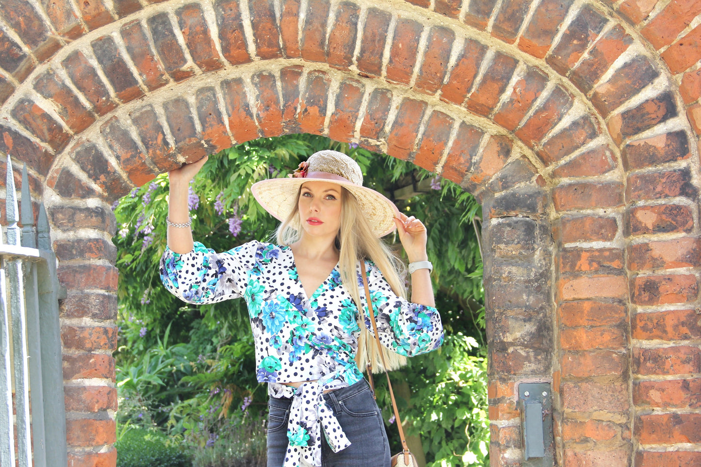 Olivia - White green and blue wrap blouse with 34 sleeves