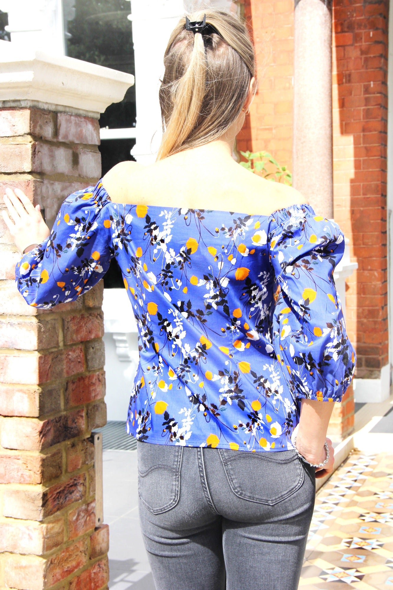 Mia - Royal Blue- Flower Print Off Shoulder Blouse with Puff Sleeves