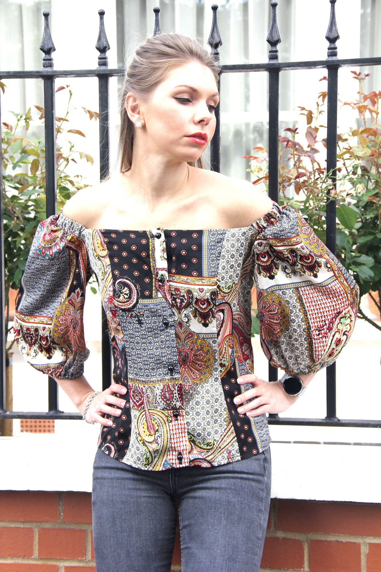 Isabella - Black & Pink Paisley Print Off Shoulder Satin Blouse