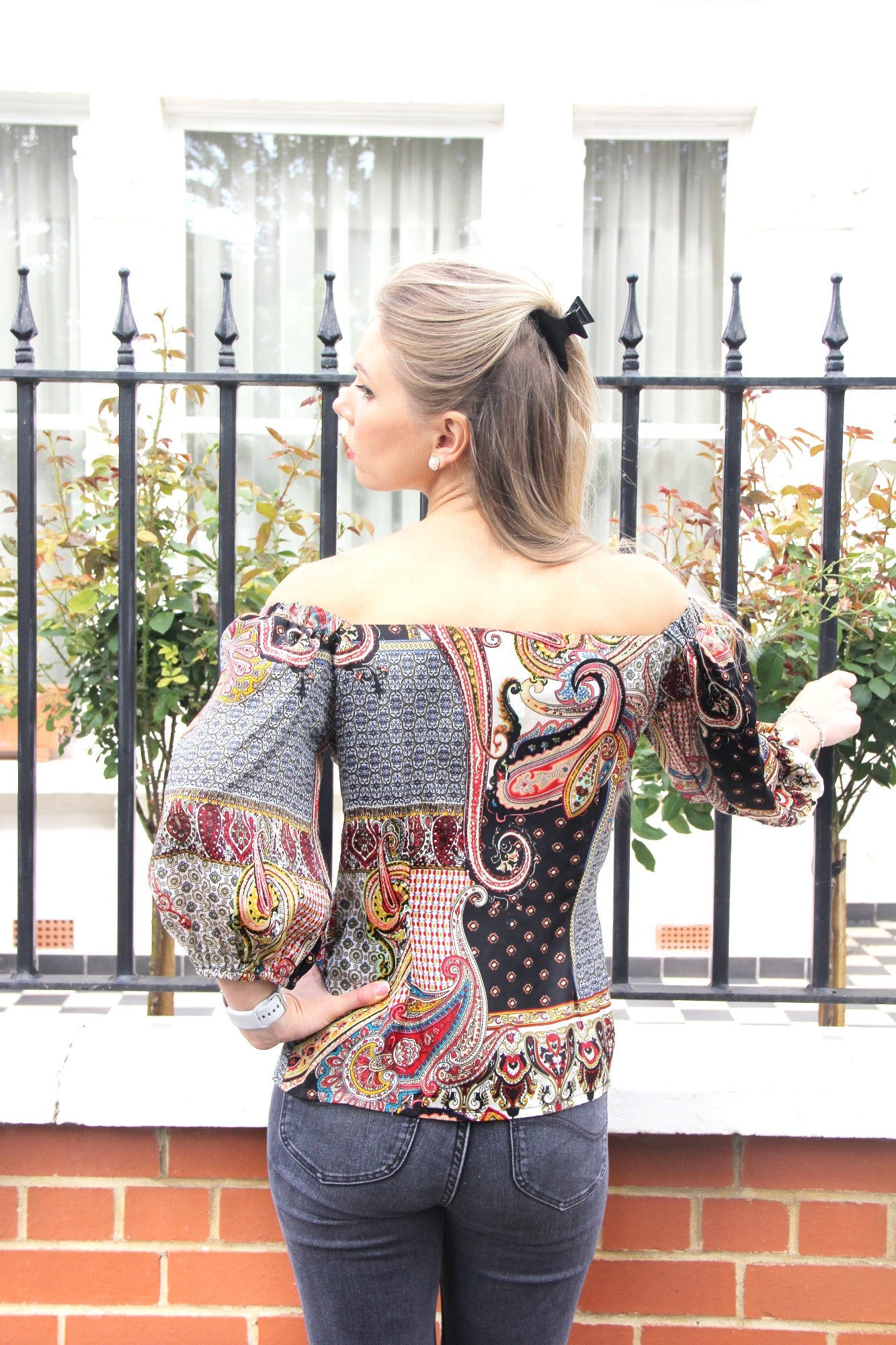 Isabella - Black & Pink Paisley Print Off Shoulder Satin Blouse