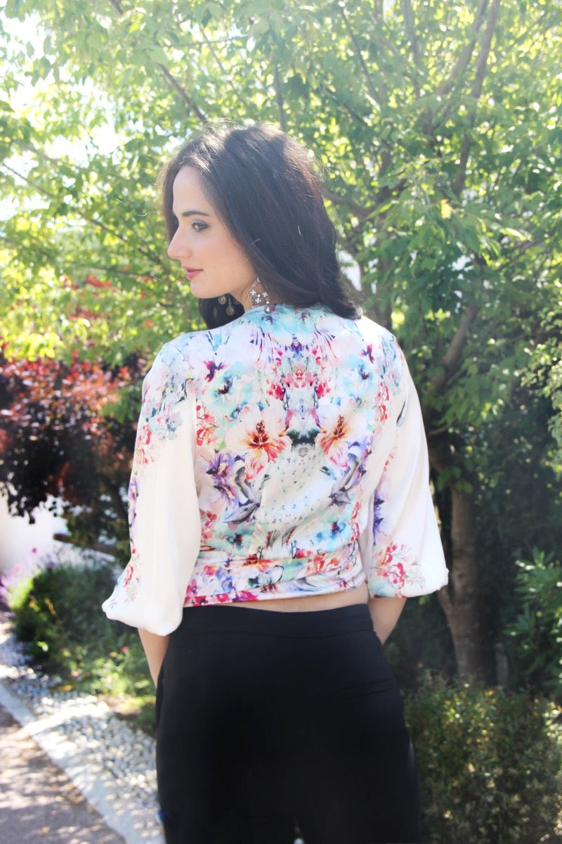 Emma - White satin floral print wrap blouse with three quarter length sleeves