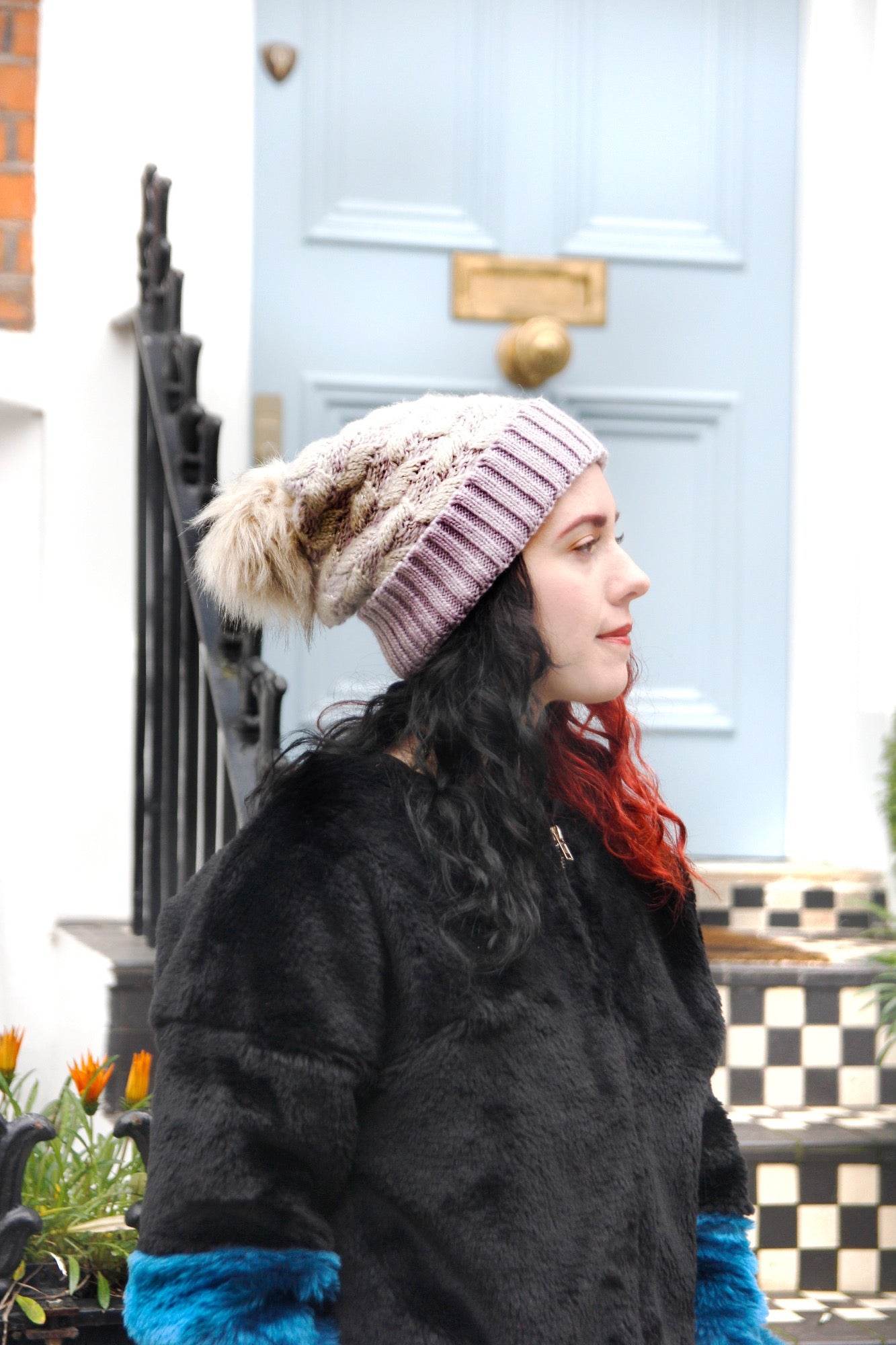 Lavender Knitted Women's Winter Beanie Bobble Hat with Pom Poms