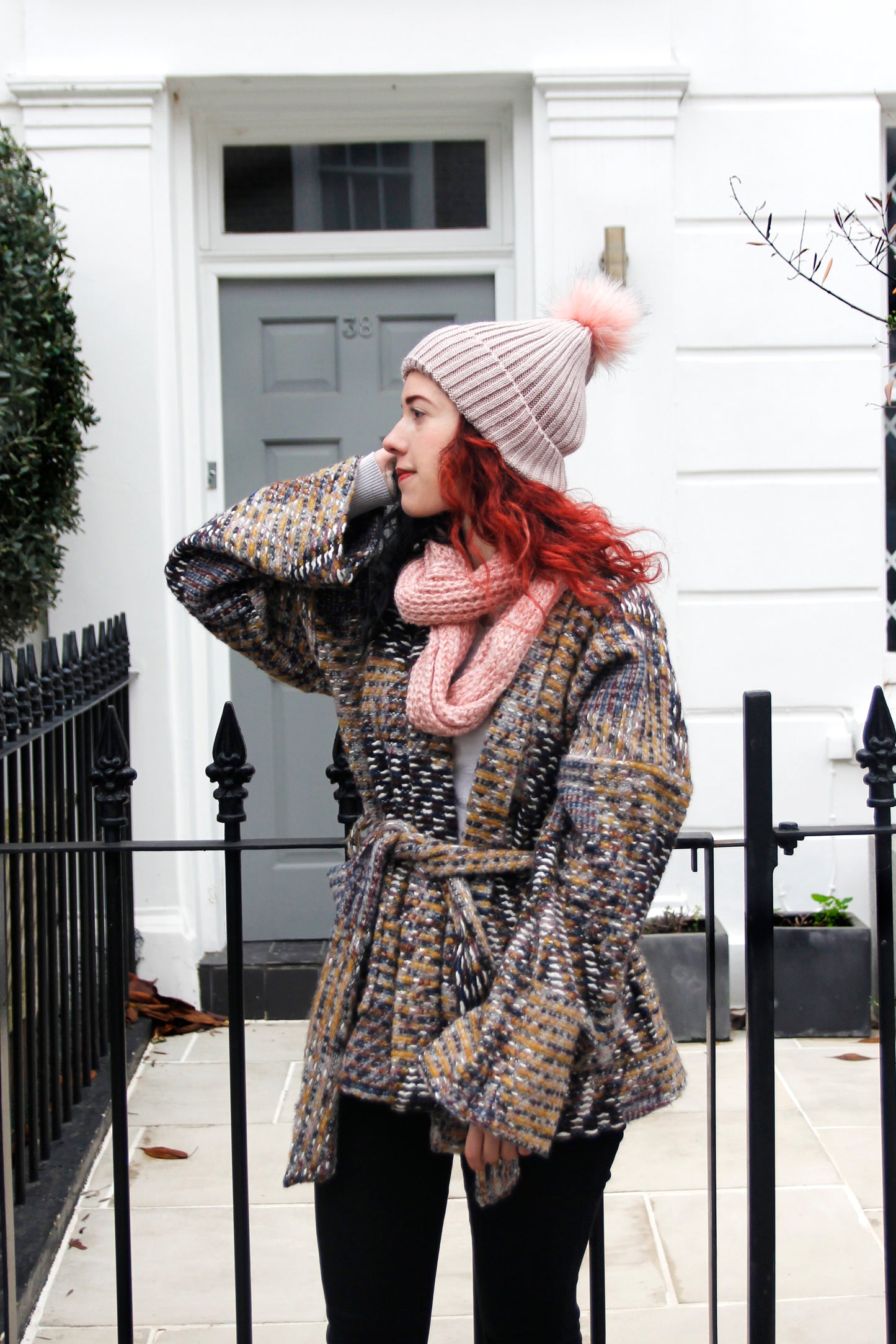 Pink Ribbed Knitted Women's Winter Beanie Bobble hat with faux fur Pom Pom