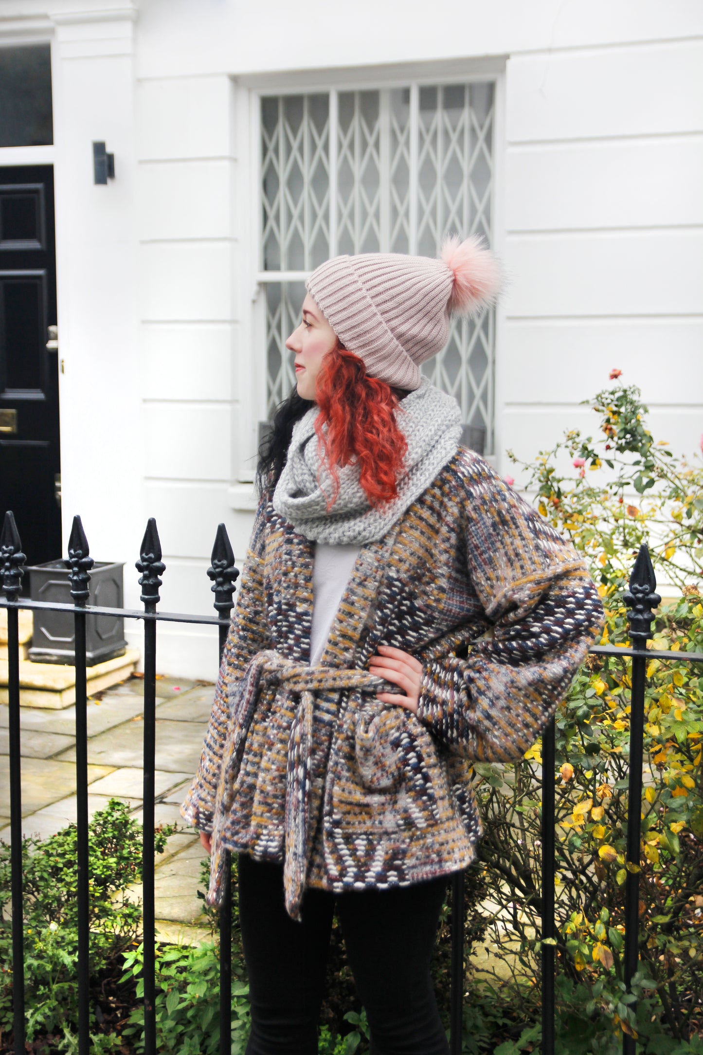 Pink Ribbed Knitted Women's Winter Beanie Bobble hat with faux fur Pom Pom