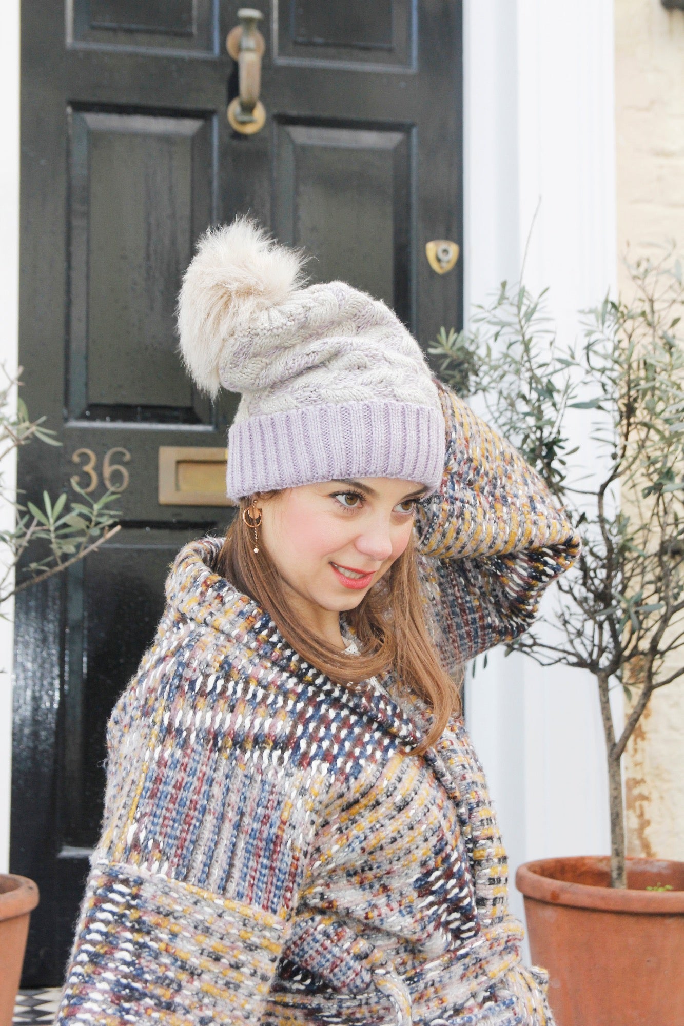 Lavender Knitted Women's Winter Beanie Bobble Hat with Pom Poms