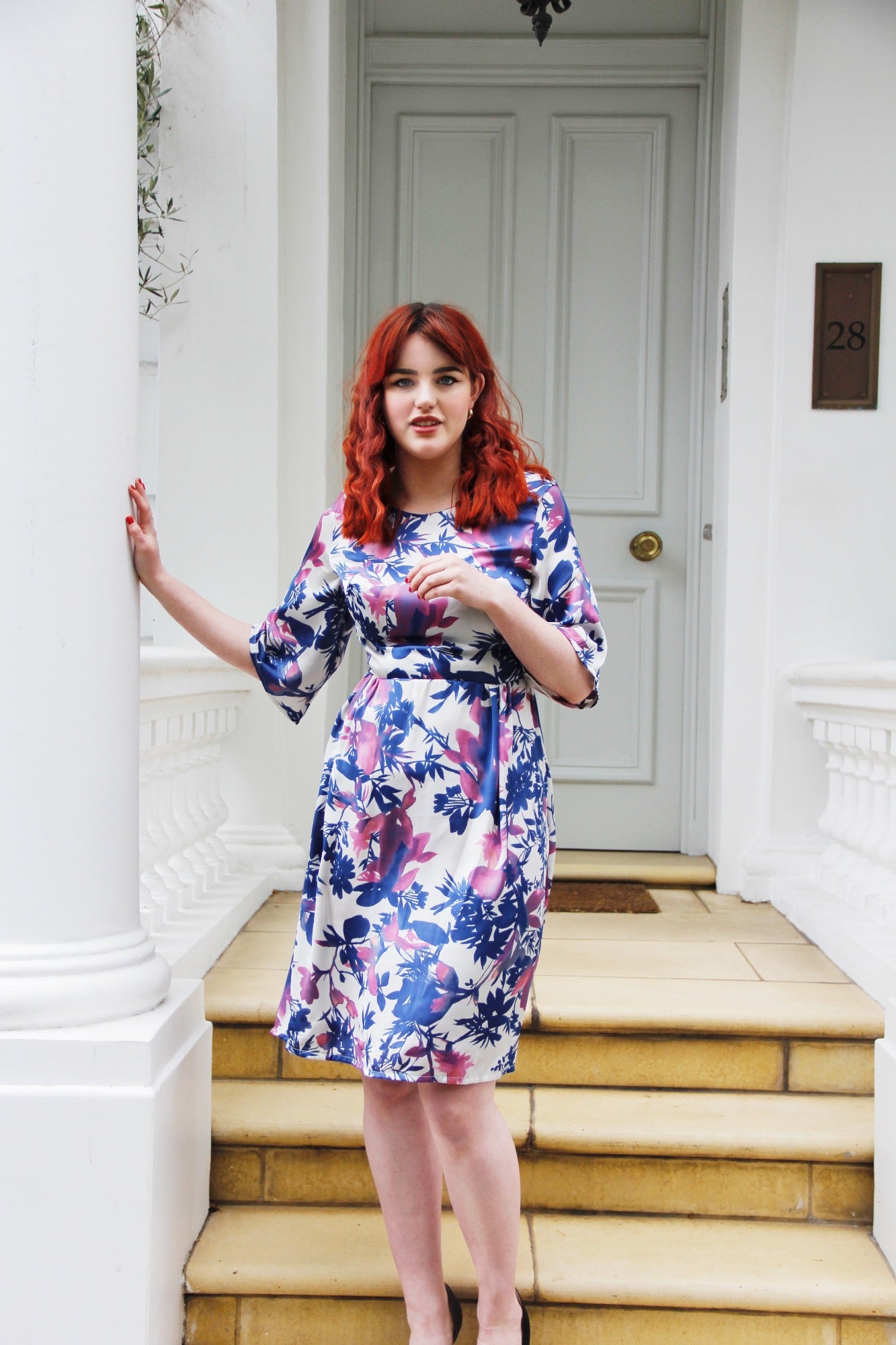 Camila Dress - Blue & Pink Print Short Sleeve Dress