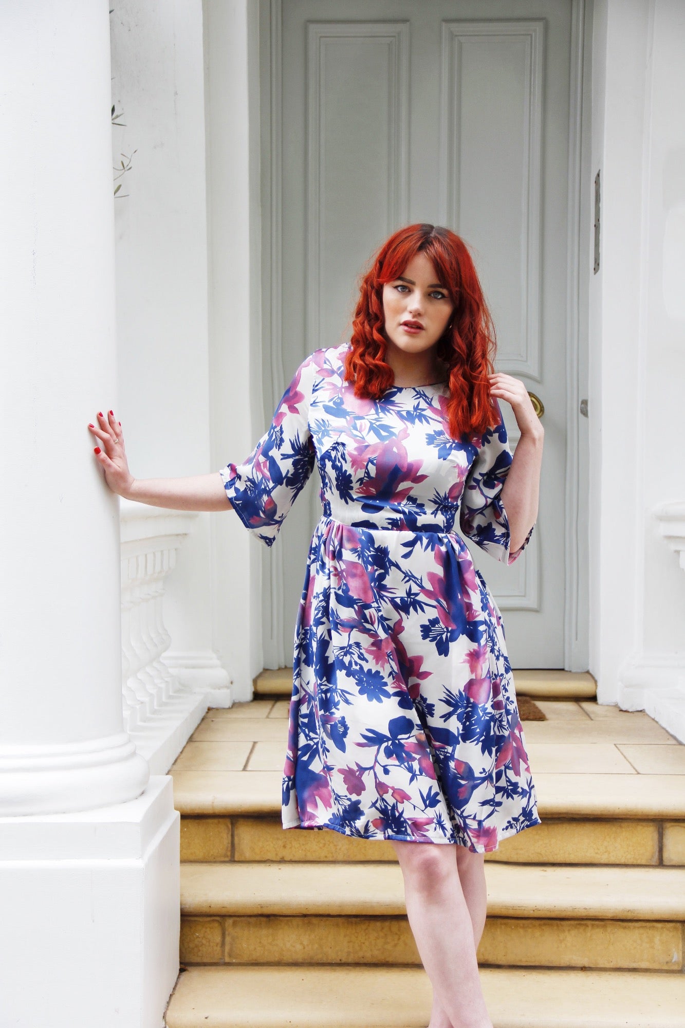 Camila Dress - Blue & Pink Print Short Sleeve Dress