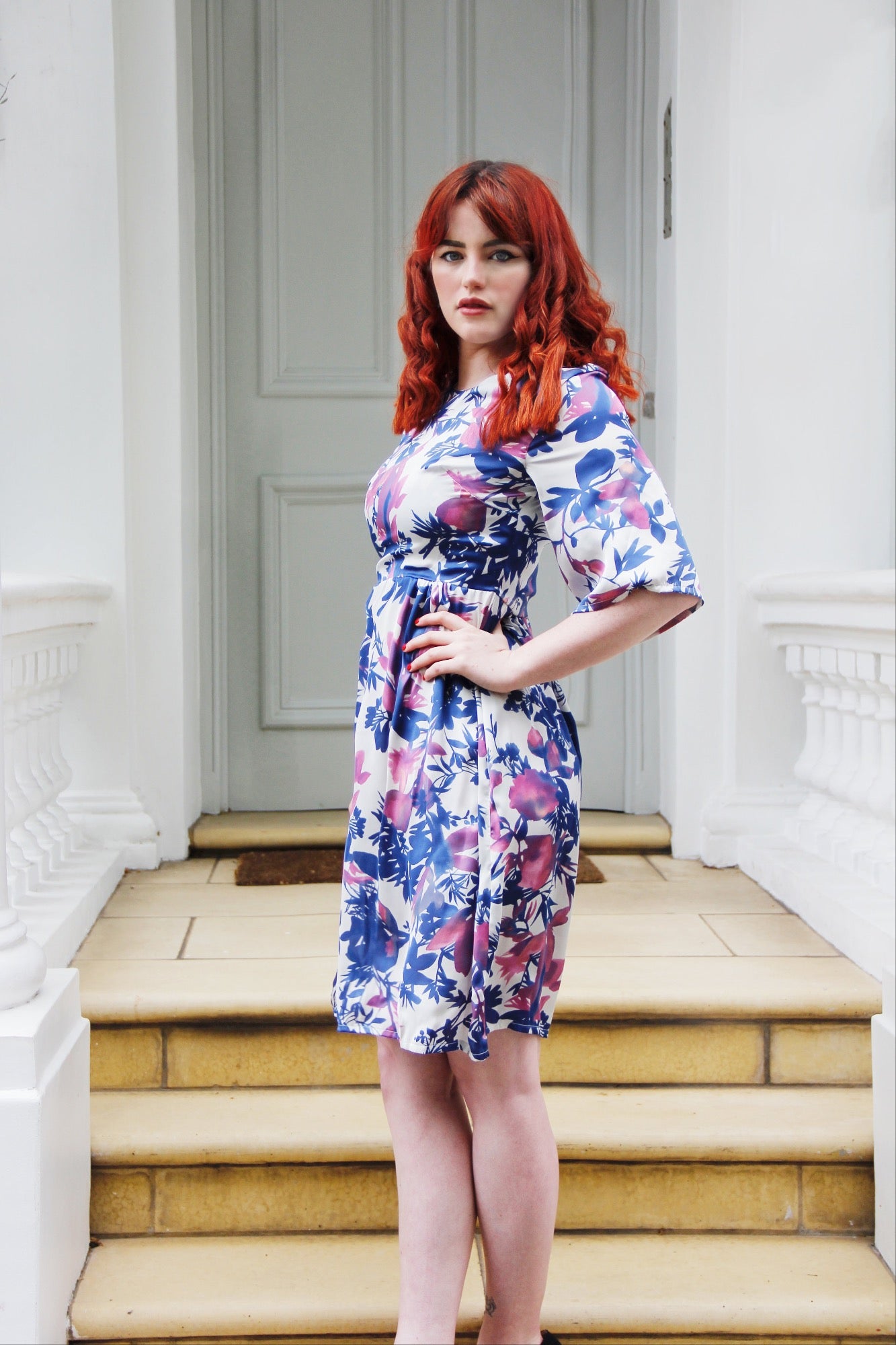 Camila Dress - Blue & Pink Print Short Sleeve Dress