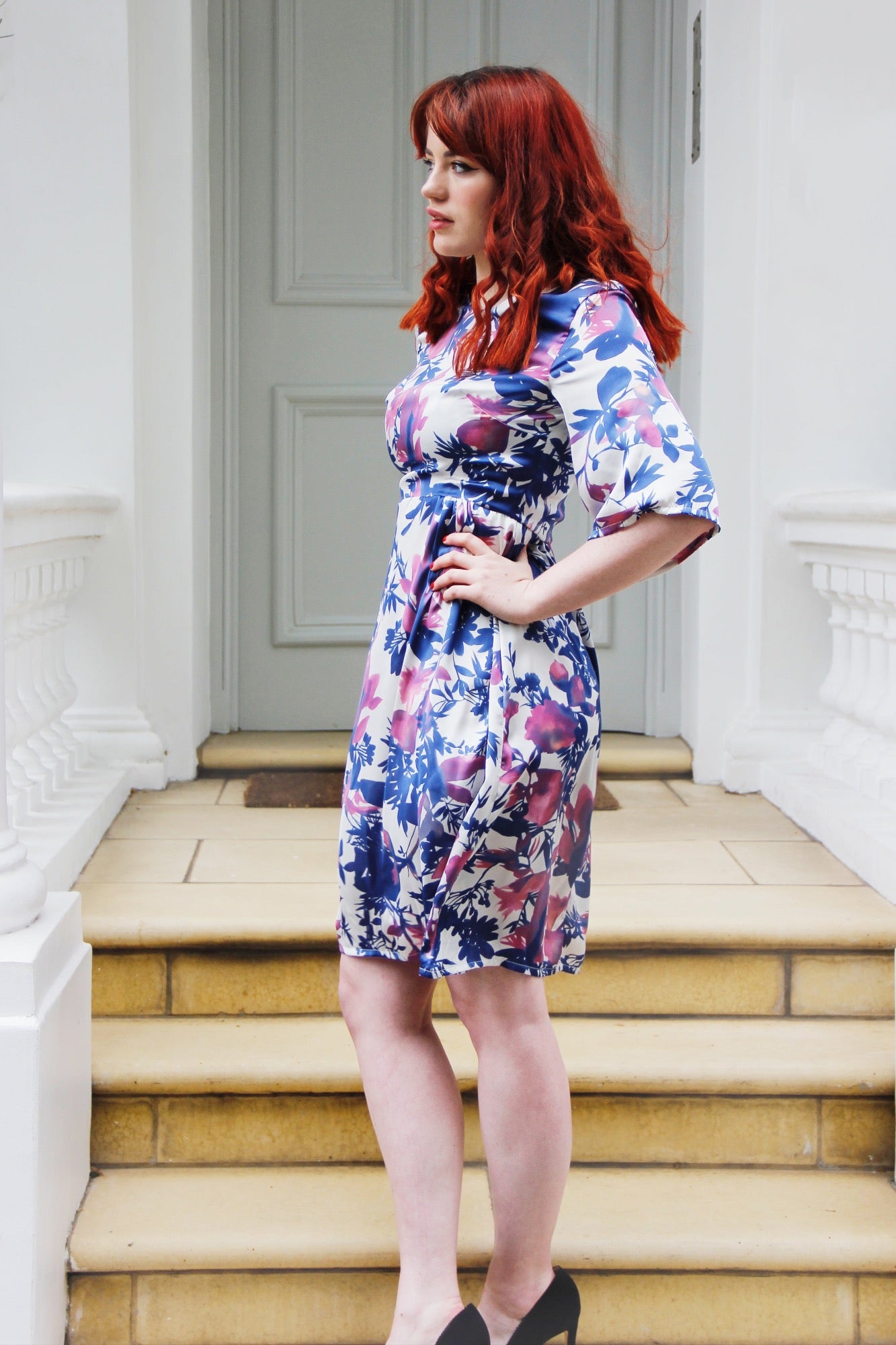 Camila Dress - Blue & Pink Print Short Sleeve Dress