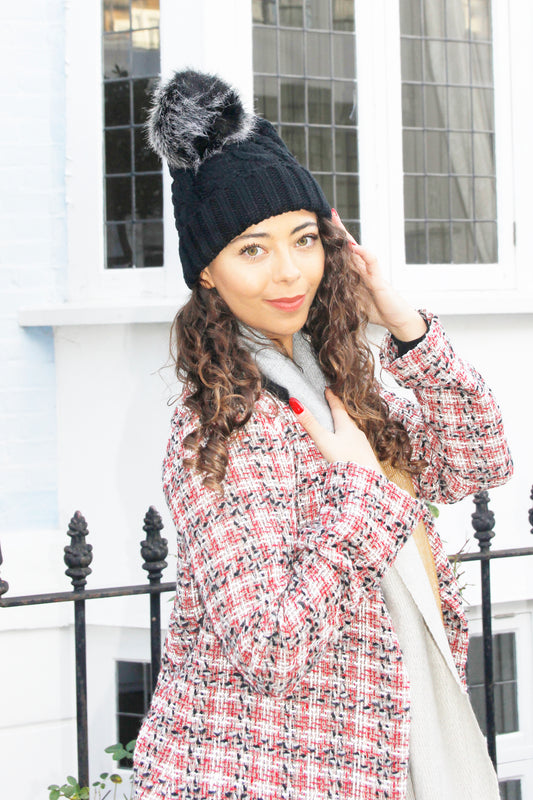Hayley - Black Cable Knit Winter Women's Cosy Beanie Hat With Pom Pom