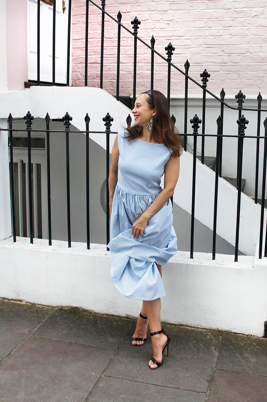 Rene - Pale Blue Check Print Dress