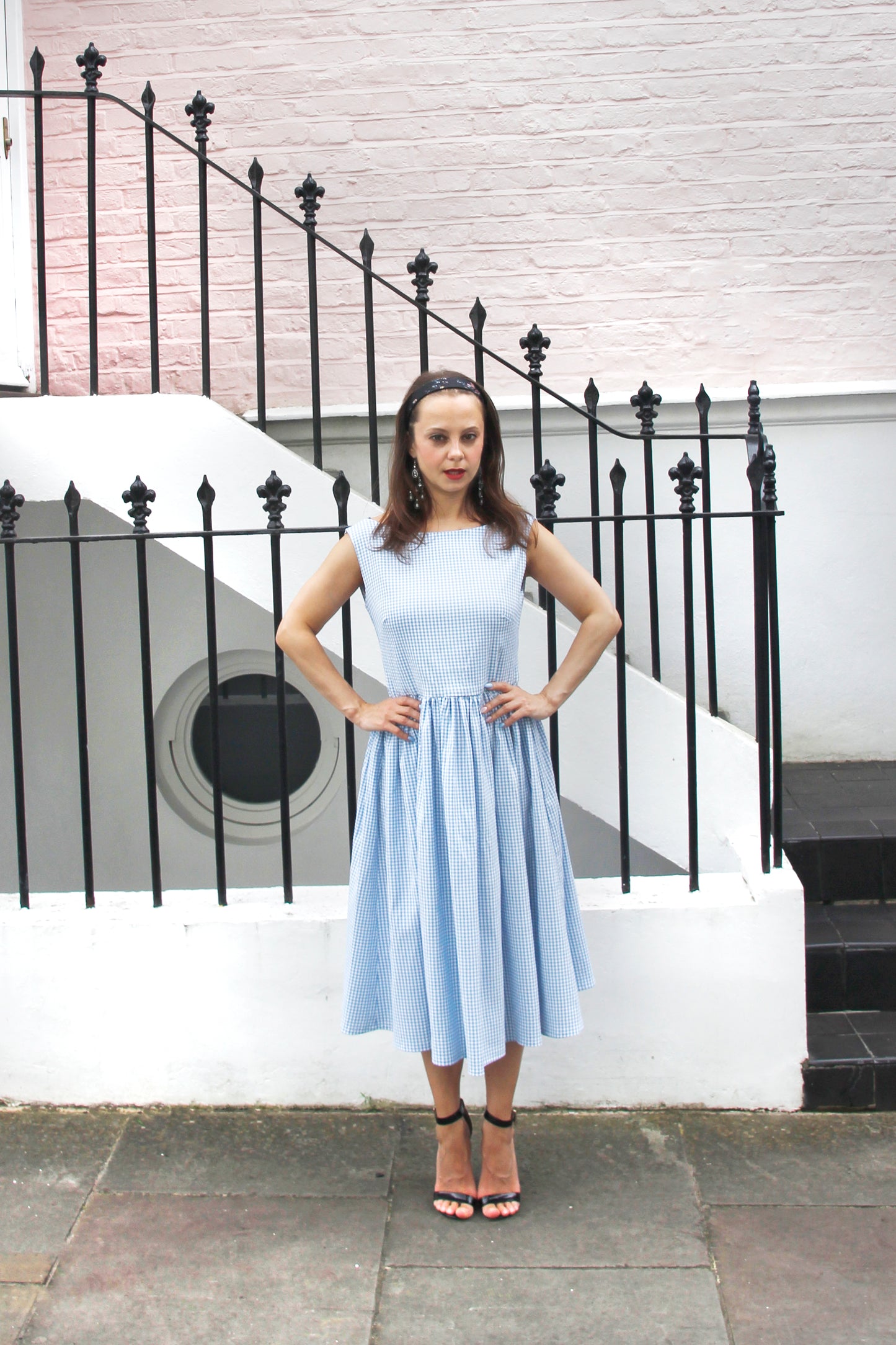 Rene - Pale Blue Check Print Dress