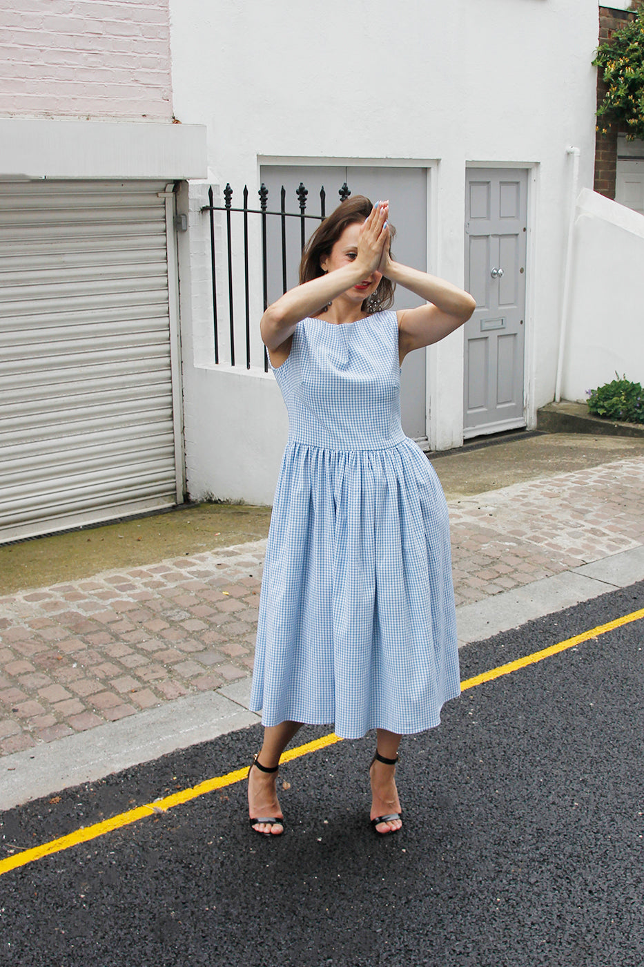 Rene - Pale Blue Check Print Dress