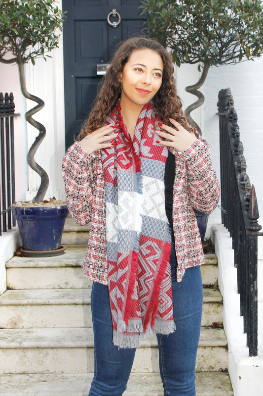 Karina - Red Grey and White Winter Women Thick Scarf Wrap