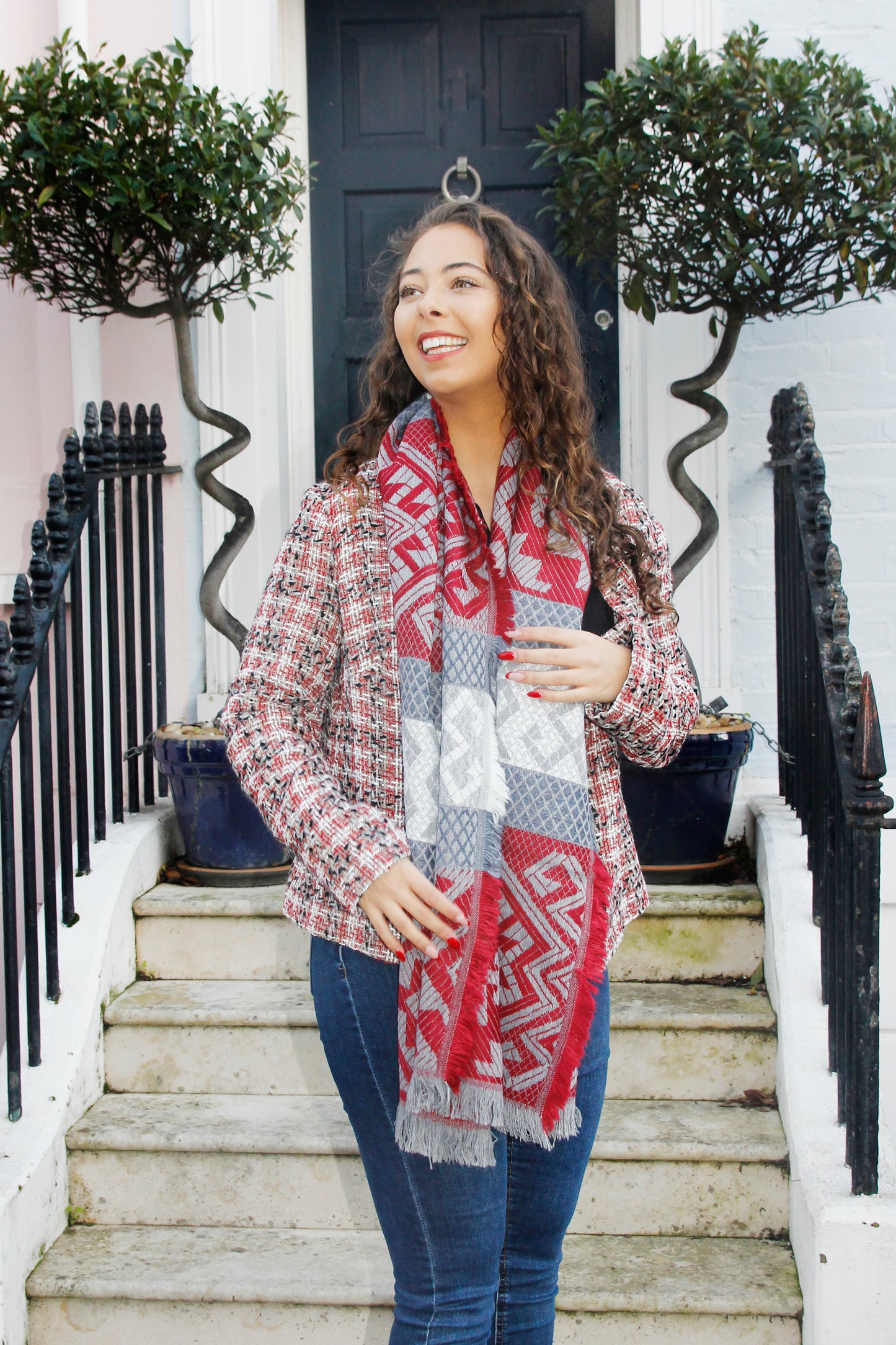 Karina - Red Grey and White Winter Women Thick Scarf Wrap