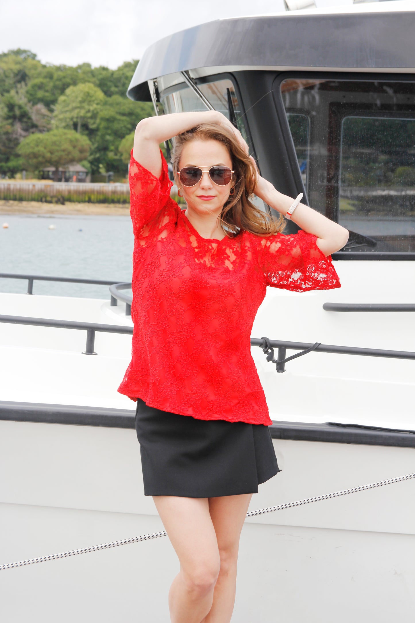 Harper - Red Lace Top With Short Bell Sleeves