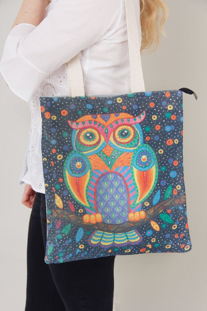 large owl print shopping bag