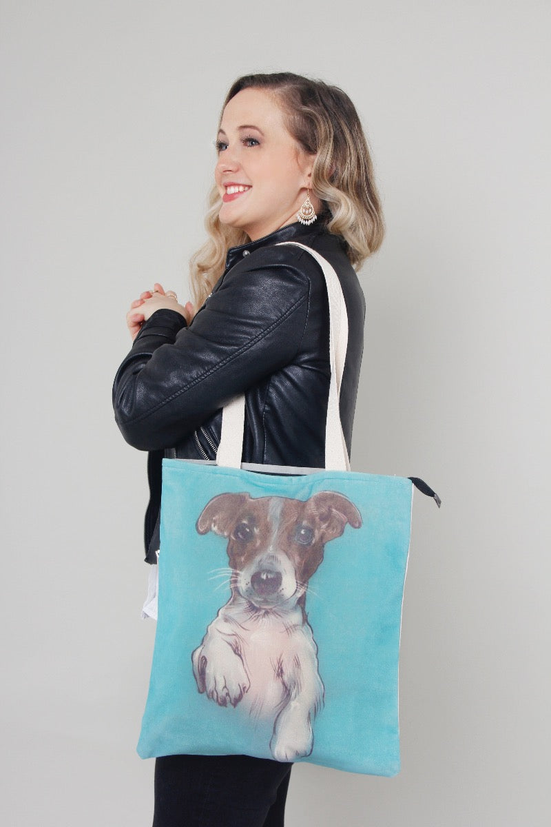 dog print blue tote bag