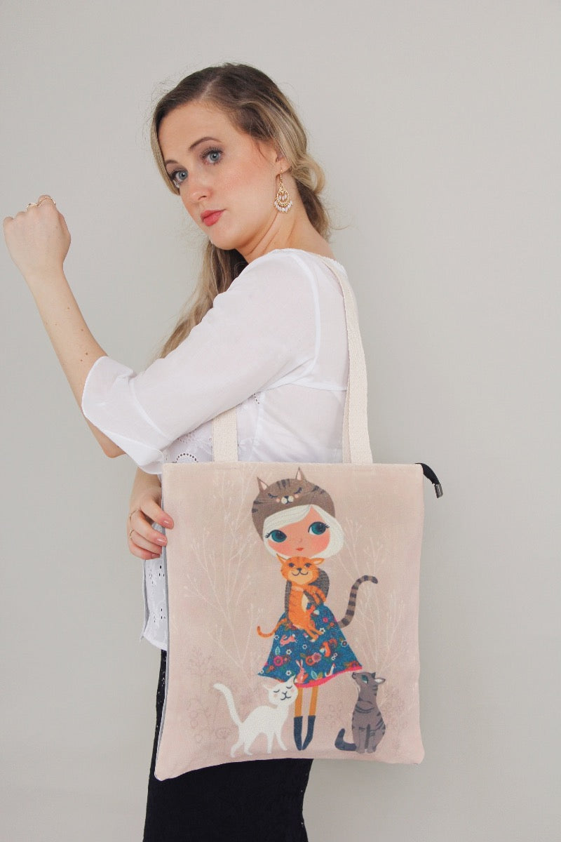 girl and the cats print shopping bag