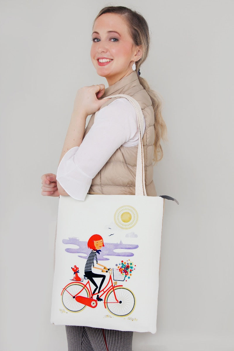 girl and the bicycle print tote bag