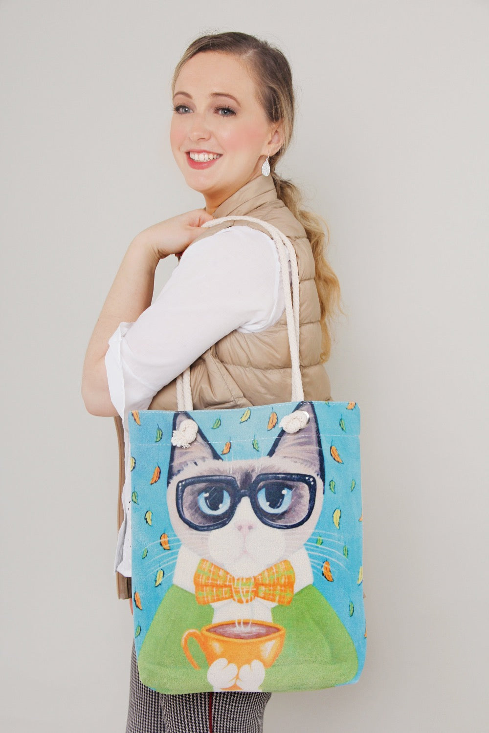 cat with a cup of tea print tote bag