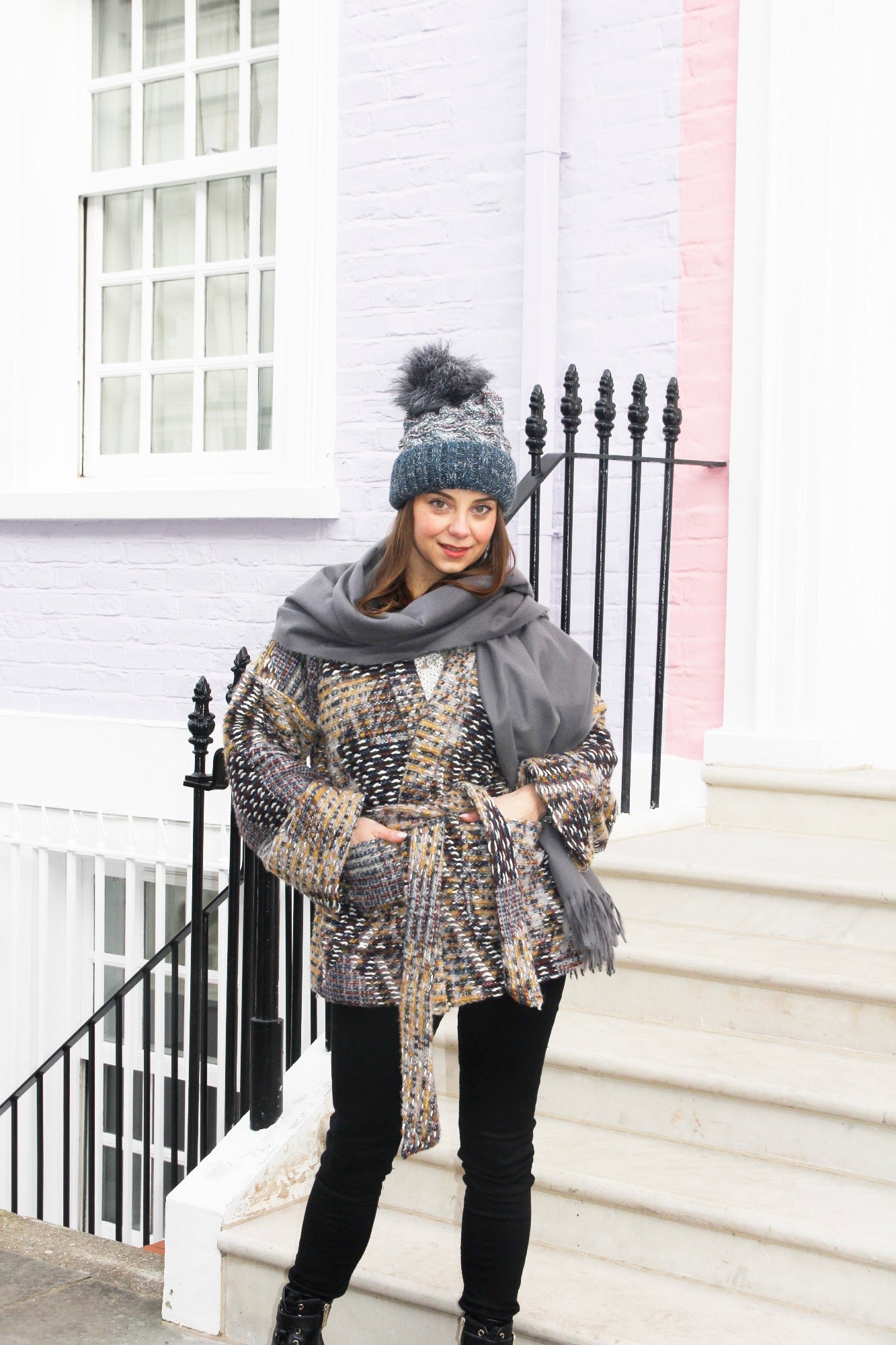 Navy & Burgundy Multi Colour Knitted Beanie Hat with Pom Pom