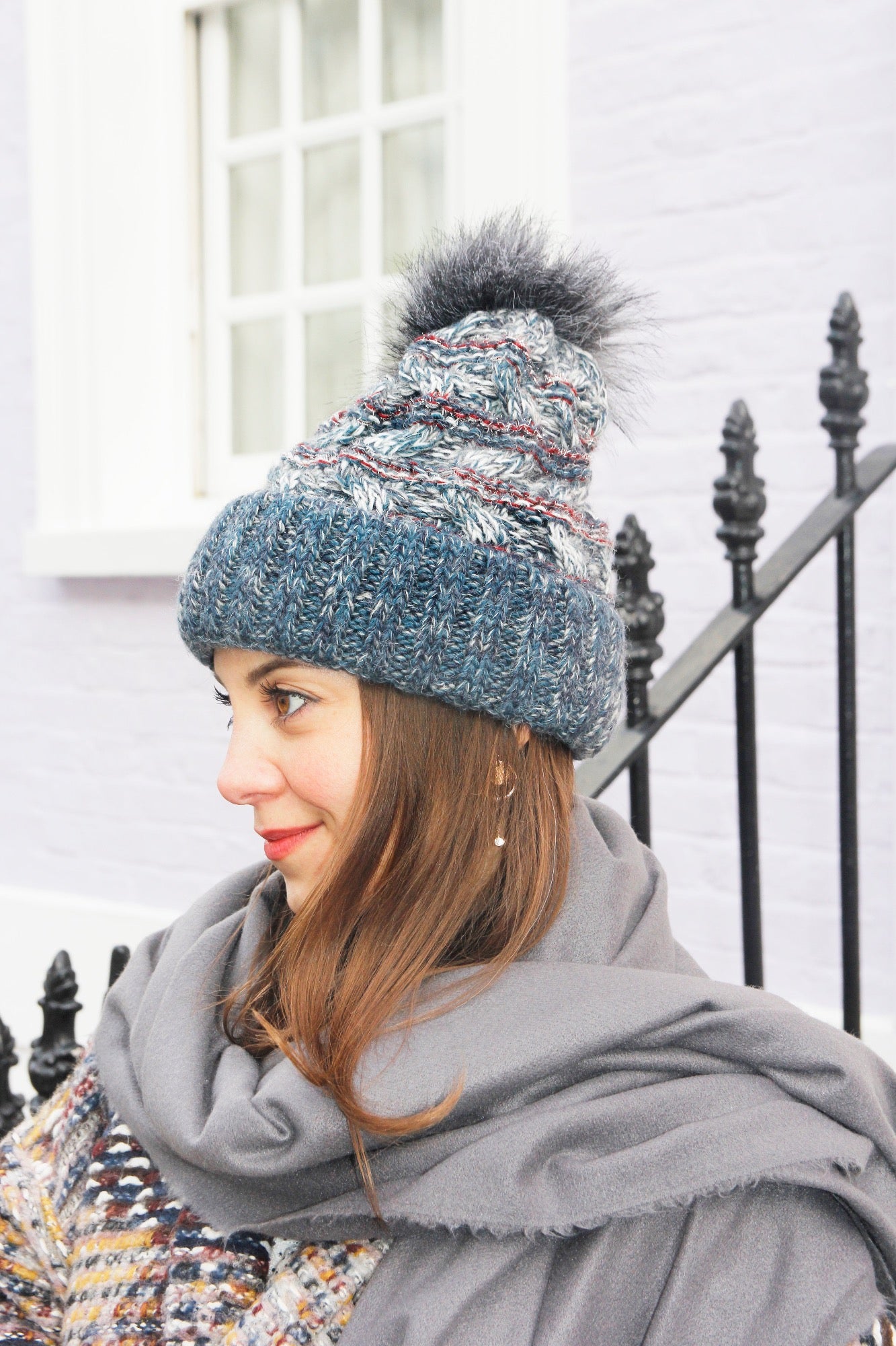 grey pom pom beanie hat